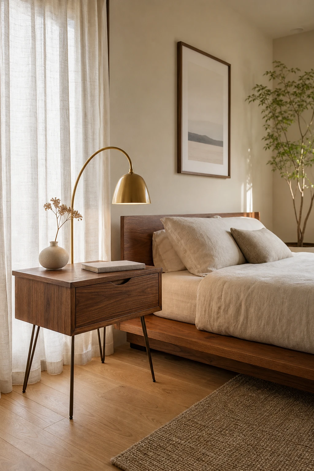 Japandi Mid Century Modern bedroom with a walnut nightstand as the hero, paired with a cone pendant, linen bedding, and Farrow and Ball String walls