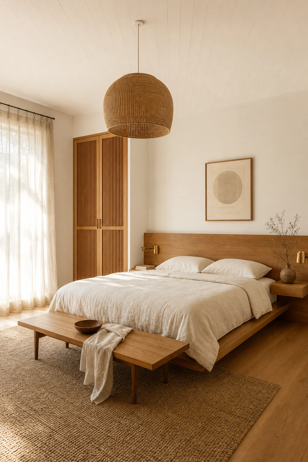 Japandi Mid Century Modern bedroom with all natural wood as the hero, warm toned oak surfaces, low platform bed, clean lines, Farrow and Ball Joas White walls