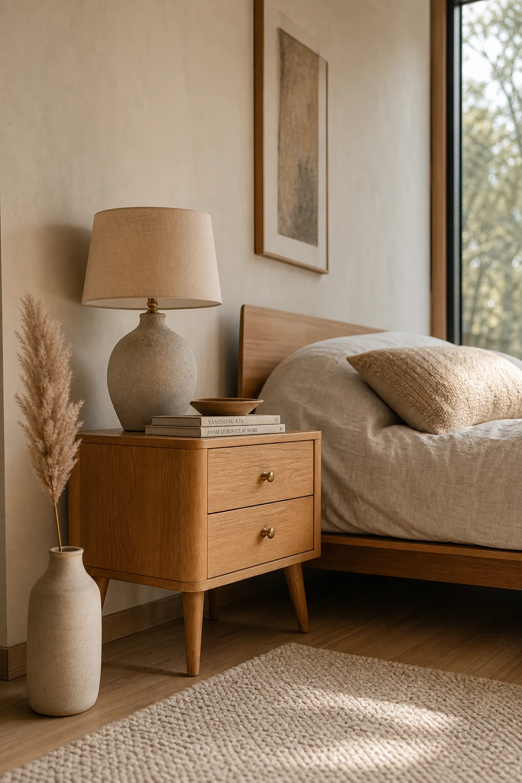 Japandi Mid Century Modern bedroom with an oak nightstand as the hero, warm wood grain detail, soft linen bedding, and Farrow and Ball Matchstick painted walls