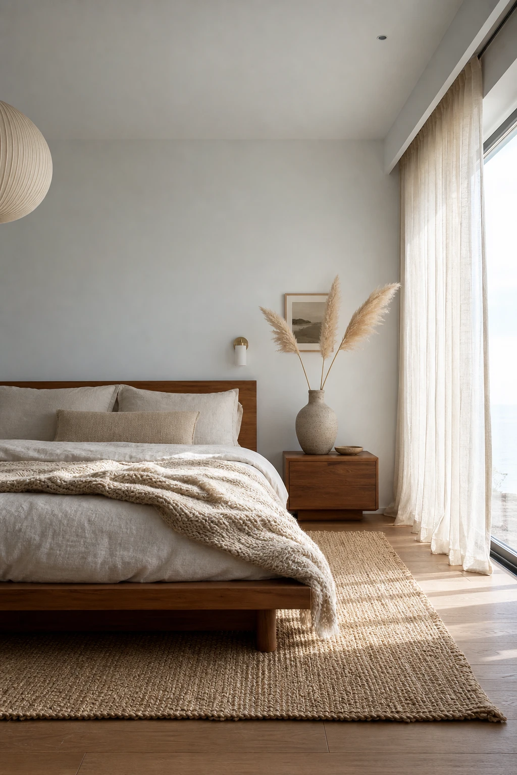 Japandi Mid Century Modern bedroom with coastal Japandi mix featuring soft blue walls, low teak platform bed, woven textures and natural light from sheer linen curtains