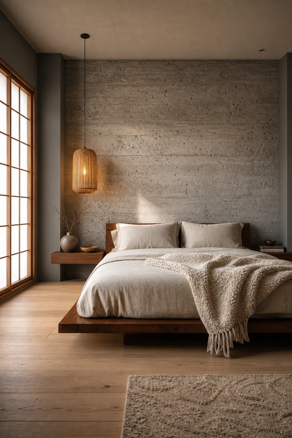 Japandi Mid Century Modern bedroom with concrete textured wall as hero, low platform bed, warm timber floor, linen bedding, and rattan pendant light in soft grey tones