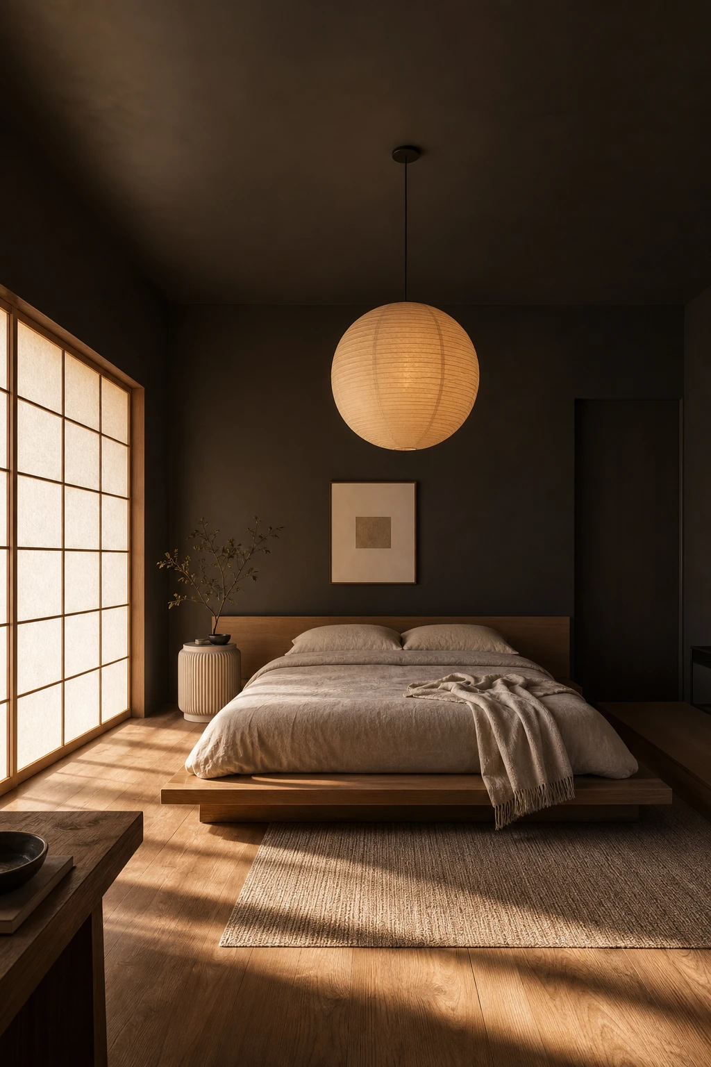 Japandi mid century modern bedroom with dark room palette featuring deep grey walls, low platform bed, paper pendant light and warm timber floor