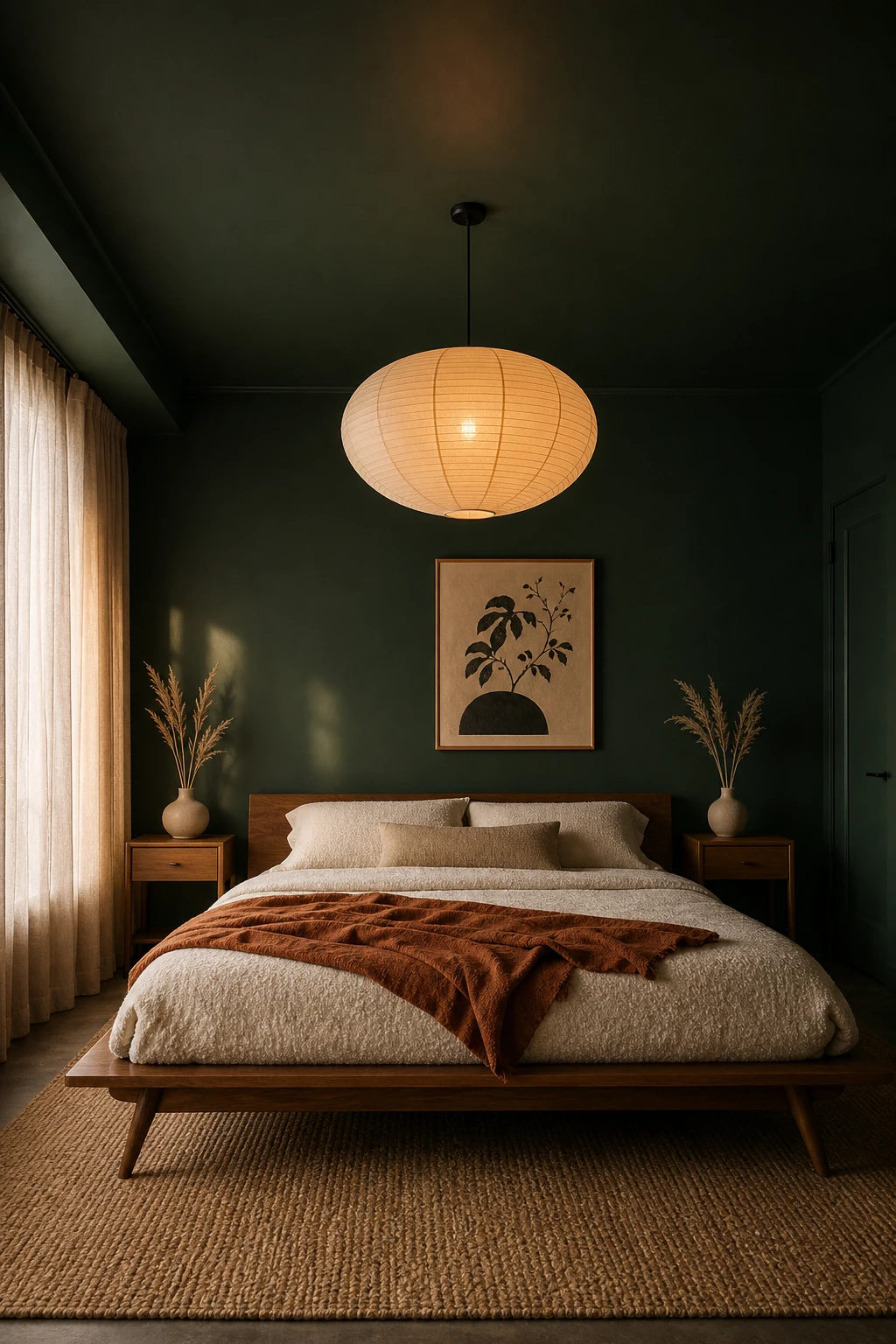 Japandi Mid Century Modern bedroom with deep moody green walls, low walnut platform bed, cream boucle bedding, paper pendant light and rattan accents in soft evening light