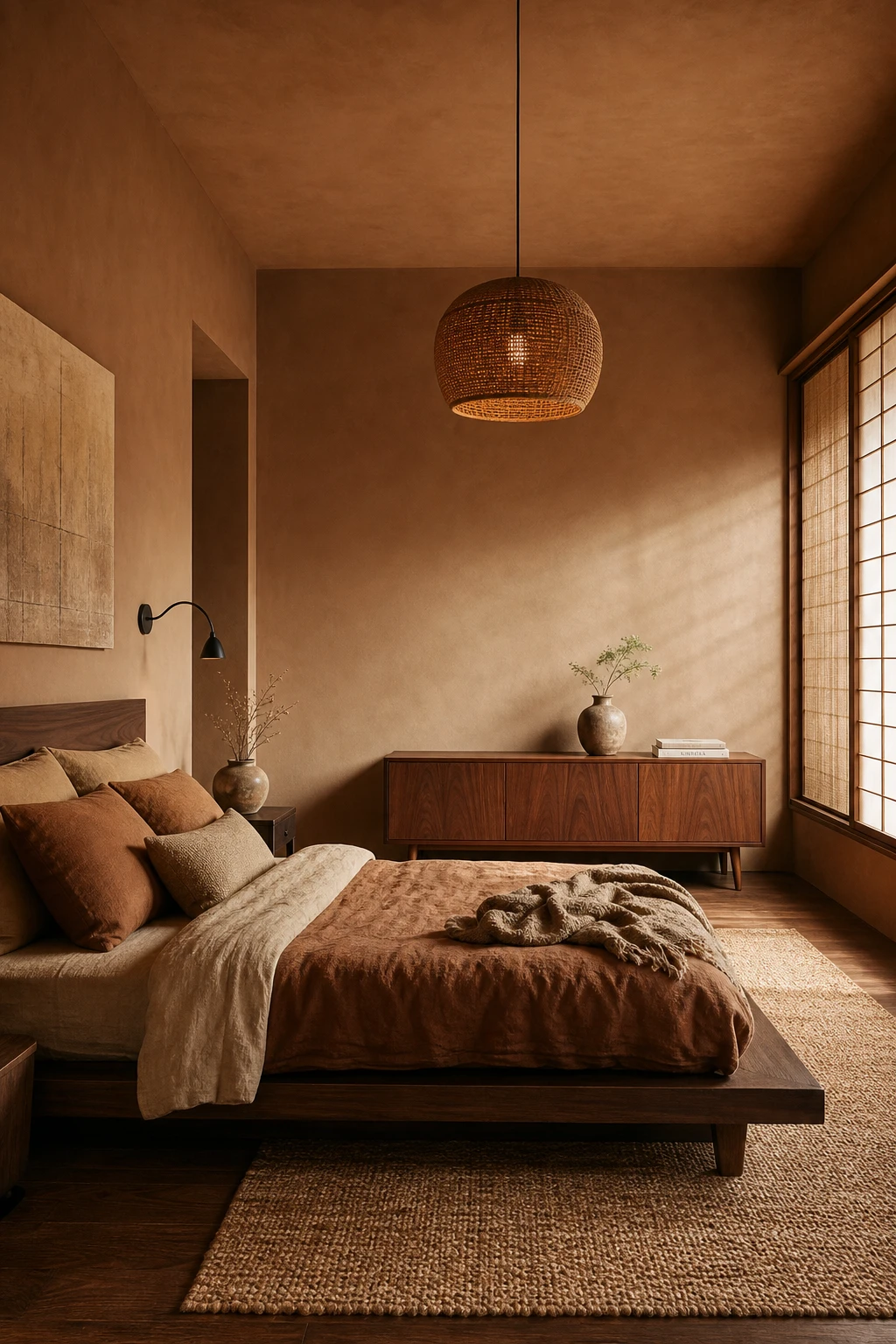 Japandi mid century modern bedroom with earth tone palette featuring warm clay walls, low platform bed, natural linen bedding, walnut furniture and soft ambient morning light