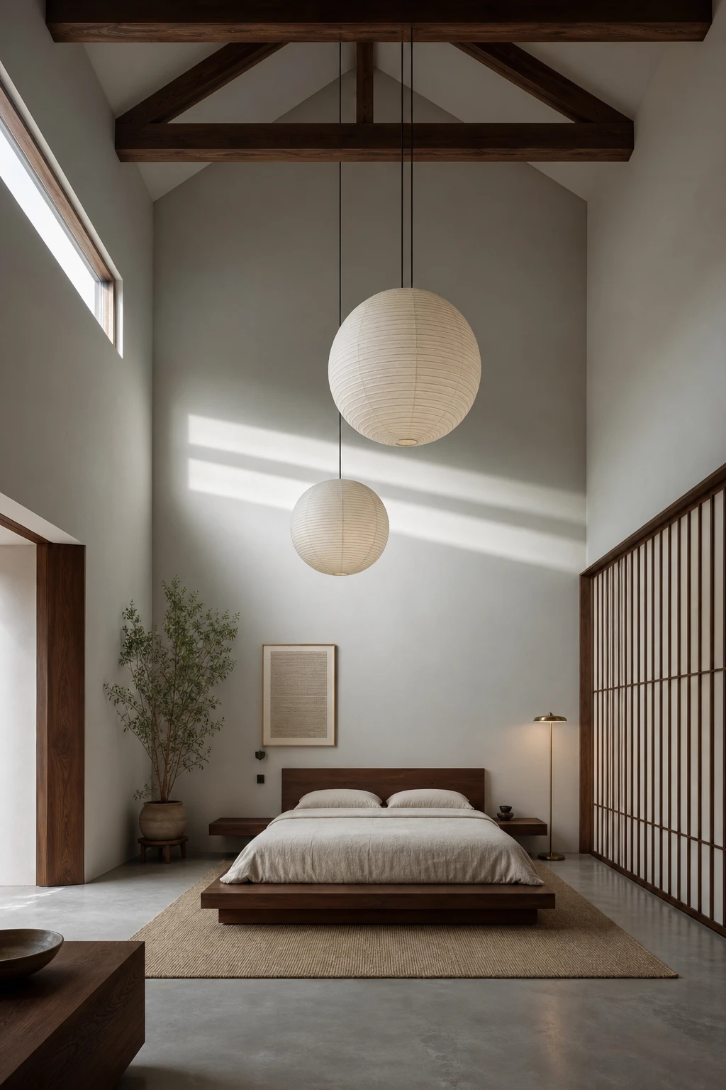 Japandi mid century modern bedroom with high ceiling drama, warm timber panelling, low platform bed, pendant lights and Hardwick White walls