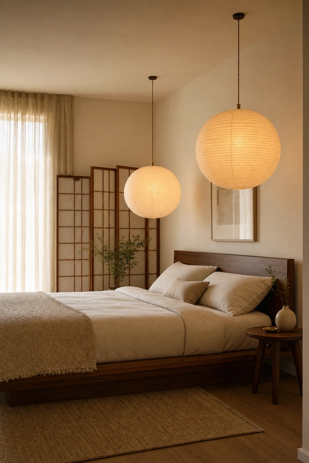 Japandi mid century modern bedroom with paper lantern pendant lights casting a warm glow above a low platform bed against Farrow and Ball Clunch walls
