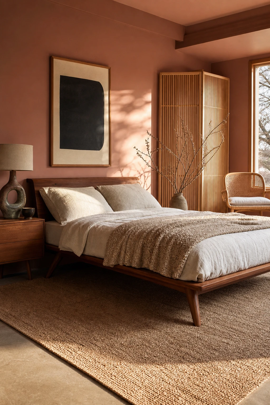 Japandi mid century modern bedroom with retro fusion aesthetic, warm neutral walls, low platform bed, tapered wood legs, shoji inspired screen and organic linen bedding