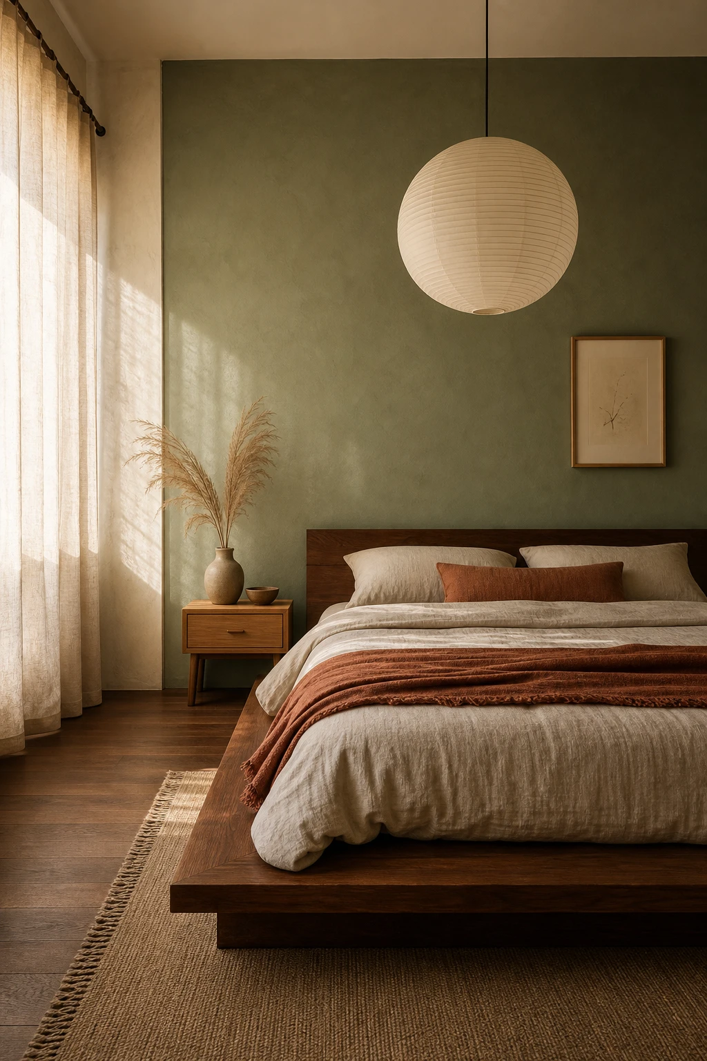 Japandi Mid Century Modern bedroom with sage green accent wall, warm walnut bed frame, linen bedding, paper pendant light and low profile furniture