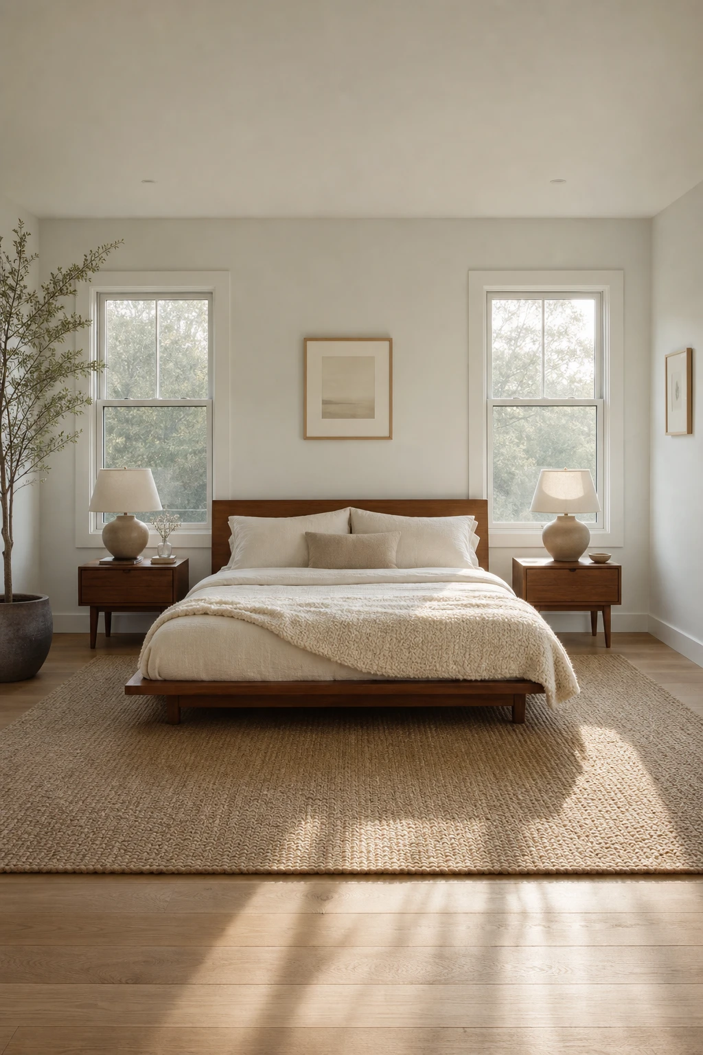 Japandi mid century modern bedroom with twin windows symmetrically placed, natural light flooding low platform bed, Cornforth White walls, warm wood and linen