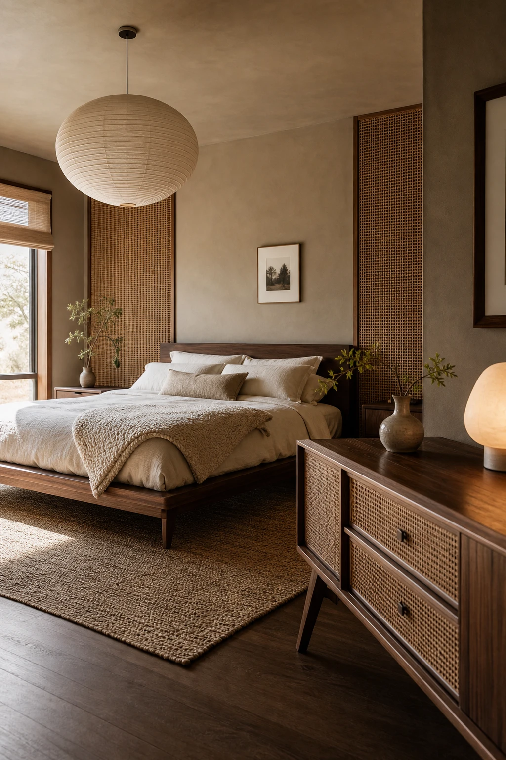 Japandi mid century modern bedroom with walnut furniture as the hero, warm Oxford Stone walls, linen bedding, paper lantern pendant, and rattan accents in soft natural light
