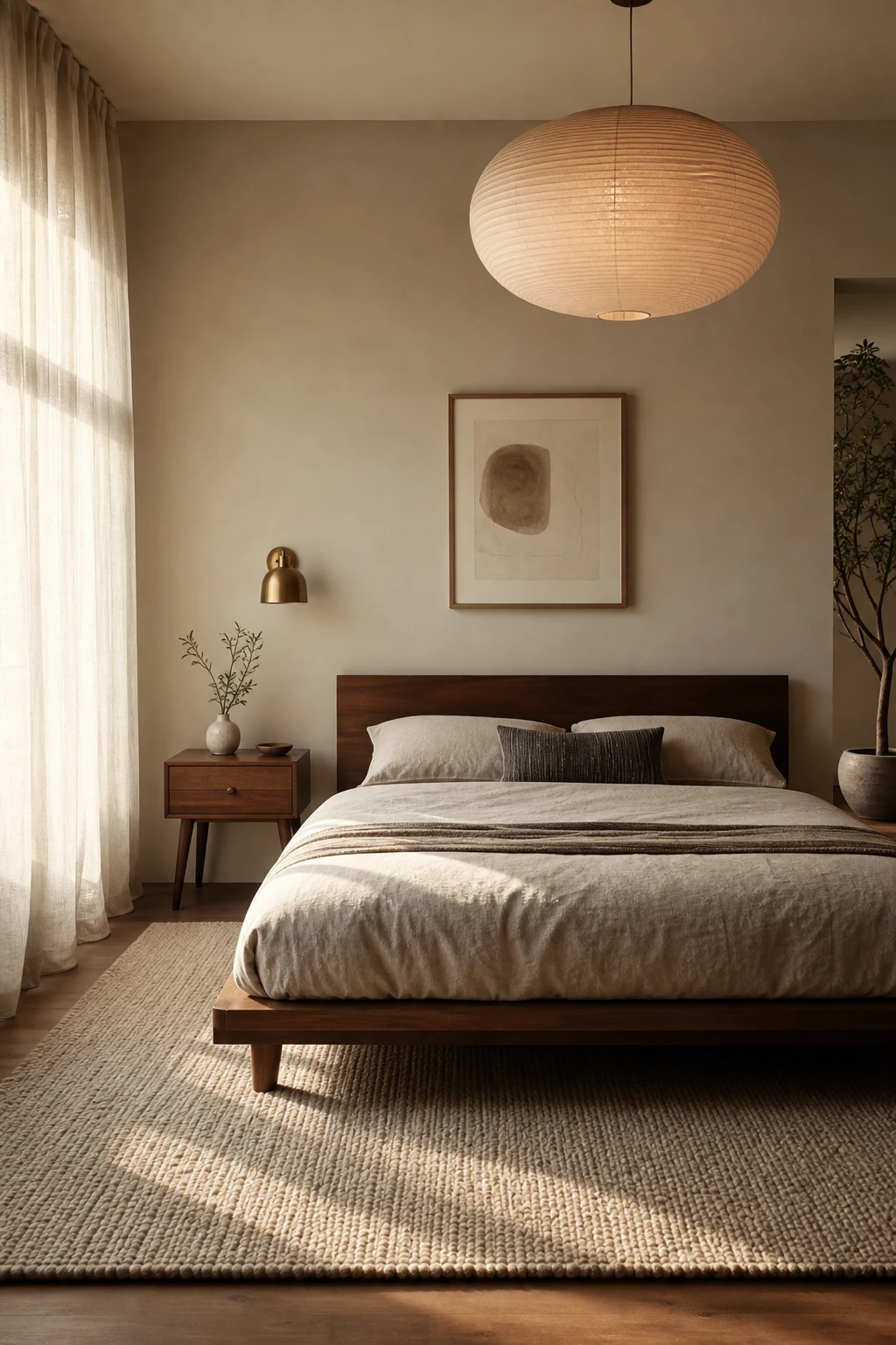 Japandi Mid Century Modern bedroom with warm neutral walls, low walnut bed frame, linen bedding, paper pendant light and clean architectural lines