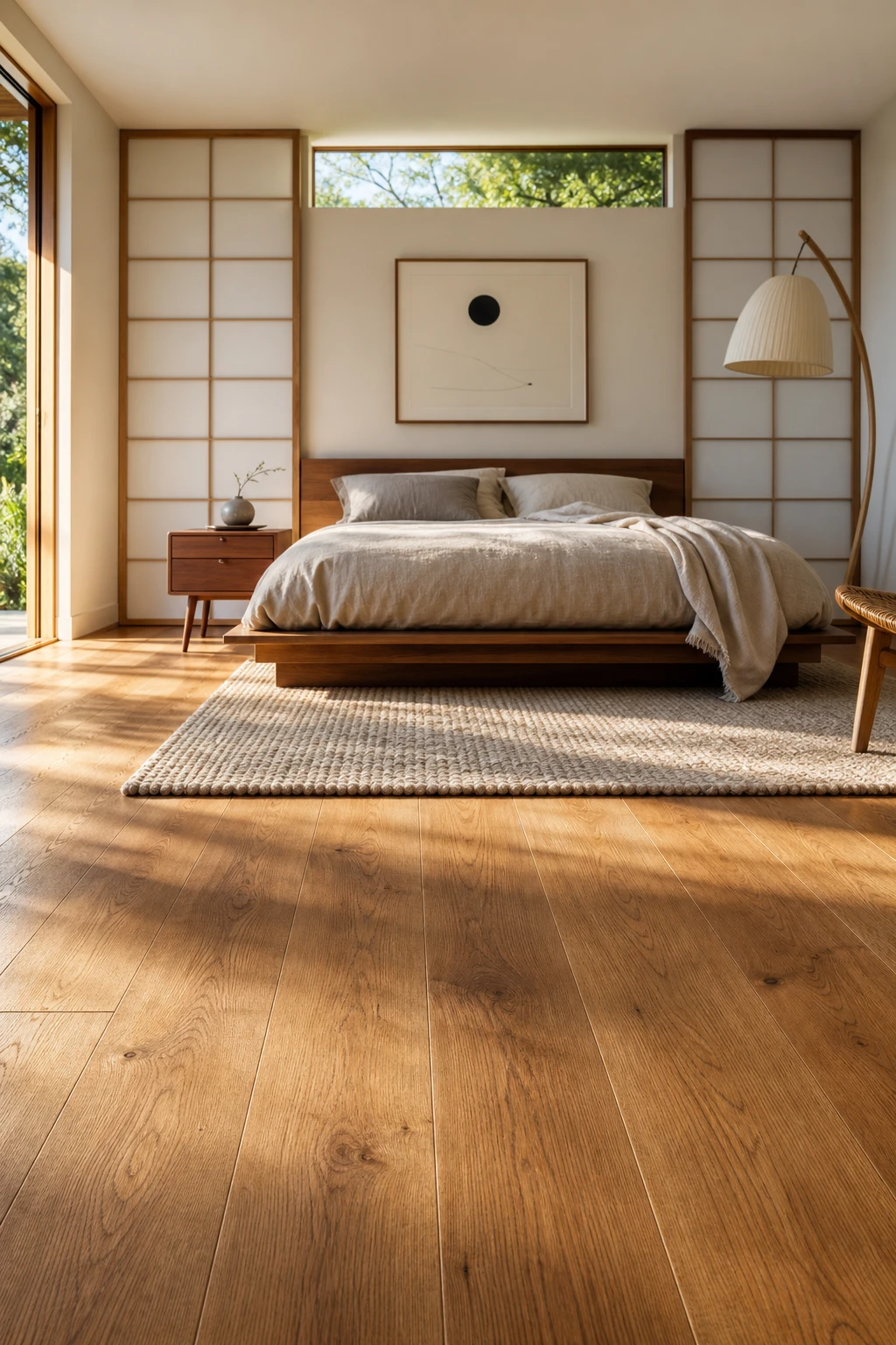 Japandi mid century modern bedroom with warm oak wooden floors anchoring a serene minimal space with low platform bed and soft neutral tones