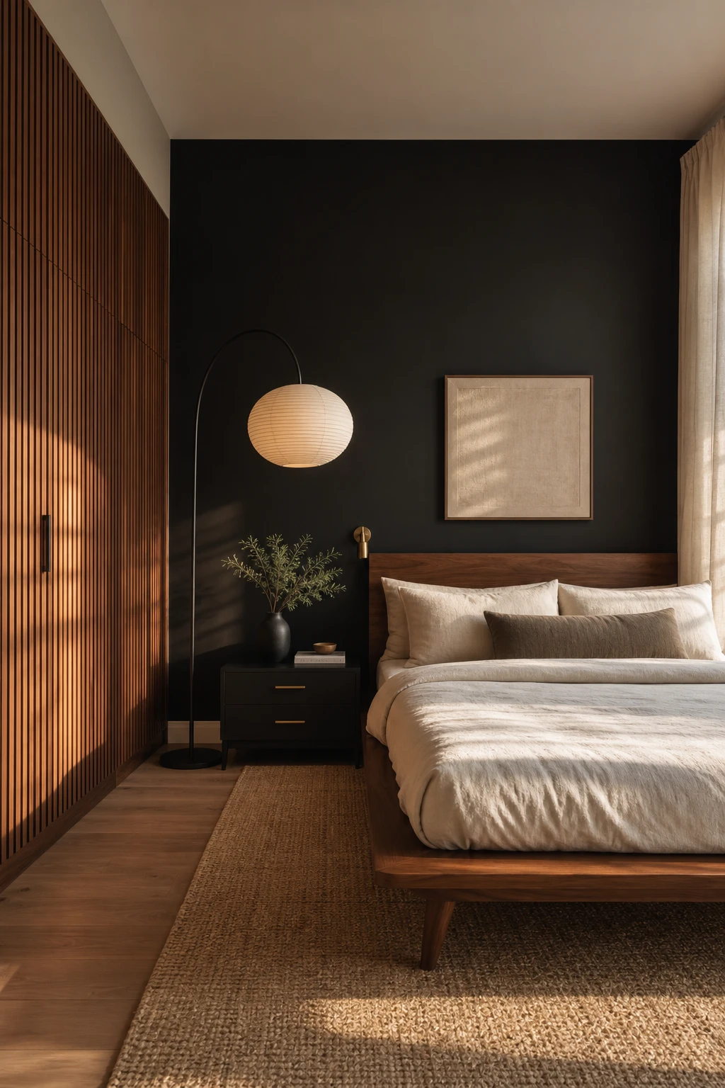Japandi Mid Century Modern bedroom with warm walnut wood and matte black contrast, featuring low platform bed, black nightstand, and textured linen bedding