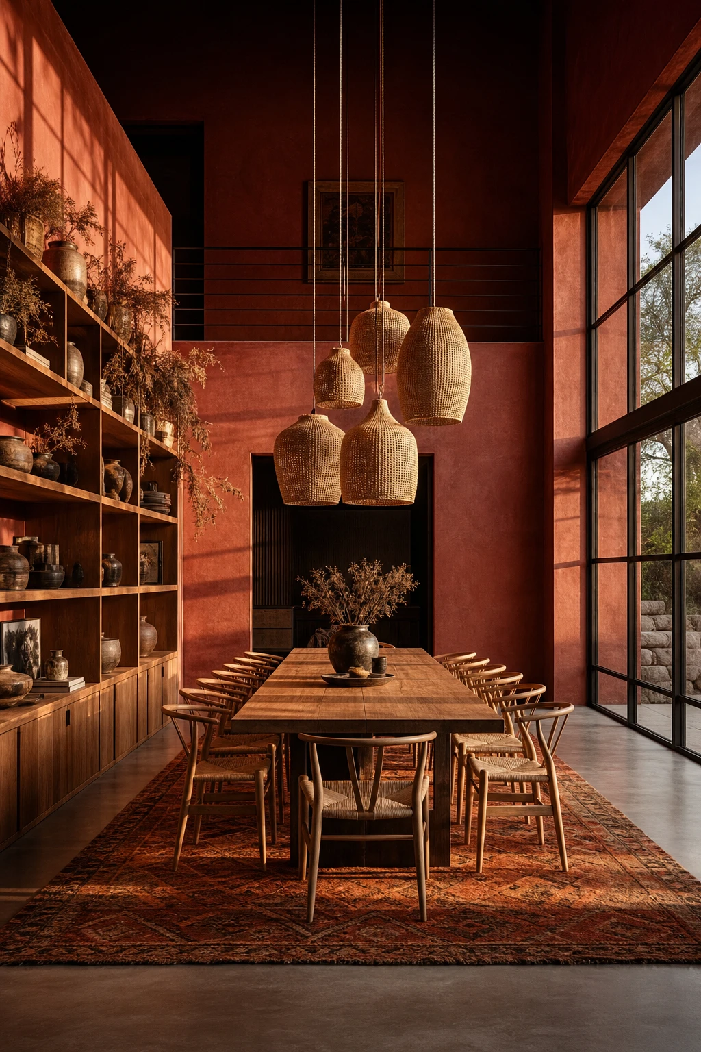 Large modern terracotta dining room with generous scale, layered lighting, and Farrow Ball Fox Red walls anchoring a warm zoned space