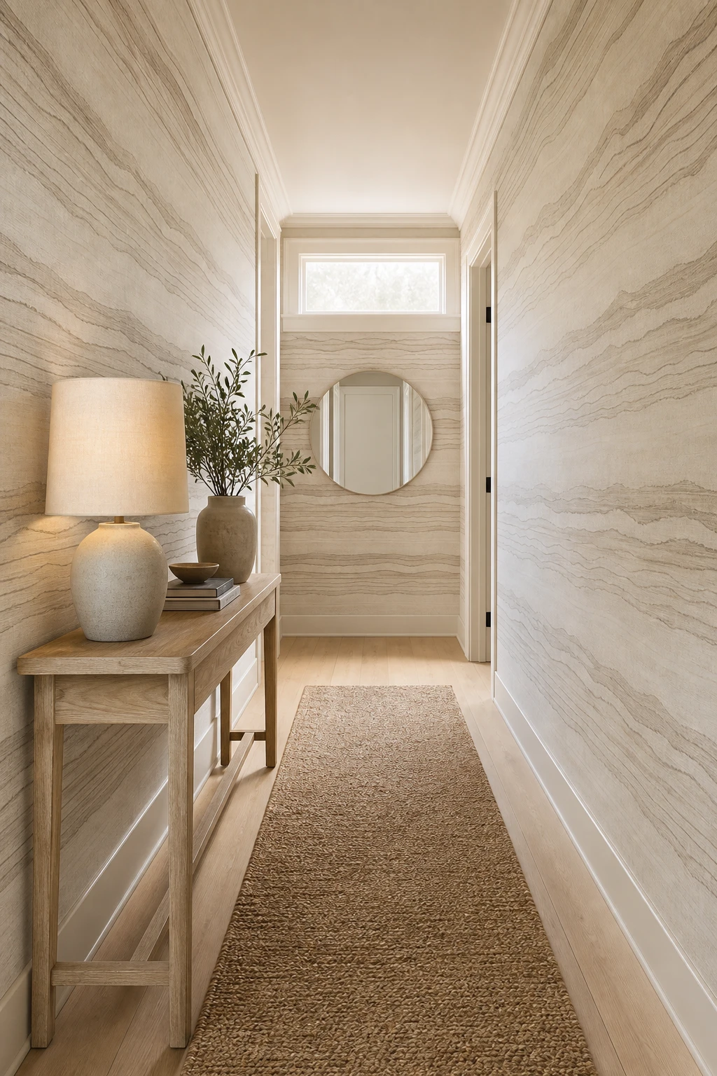 Long narrow neutral hallway with bold patterned wallpaper as hero feature, warm Drop Cloth painted trim, natural light from end window, runner rug on pale timber floor