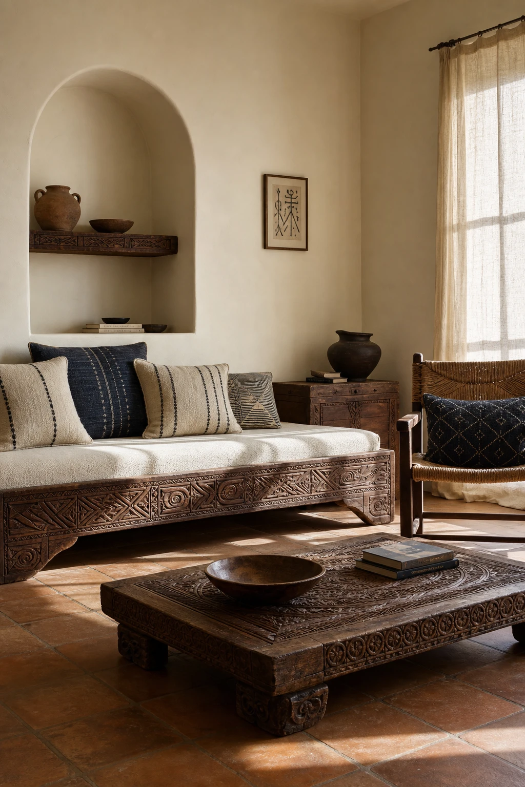 Low carved Mediterranean wood furniture grounds a whitewashed Greek interior with warm neutral String painted walls, woven textiles and terracotta floor tiles