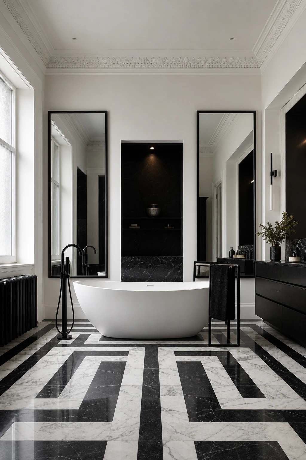 Luxury black and white bathroom with bold geometric floor tiles, freestanding tub, black fixtures, and Farrow and Ball Strong White walls in crisp contrast