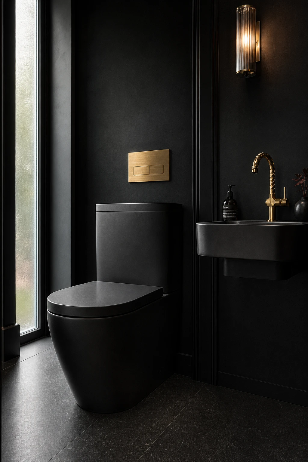 Luxury black bathroom featuring a contemporary matte black toilet as the hero fixture against Farrow & Ball Pitch Black walls with dark stone flooring and brass accents