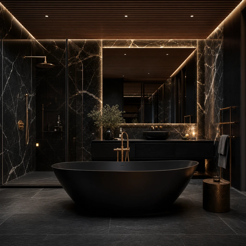 Luxury black bathroom with book-matched marble walls, a central freestanding tub on slate floors, frameless shower enclosure, black vanity, wood slat ceiling, and warm brass fittings in low amber light.