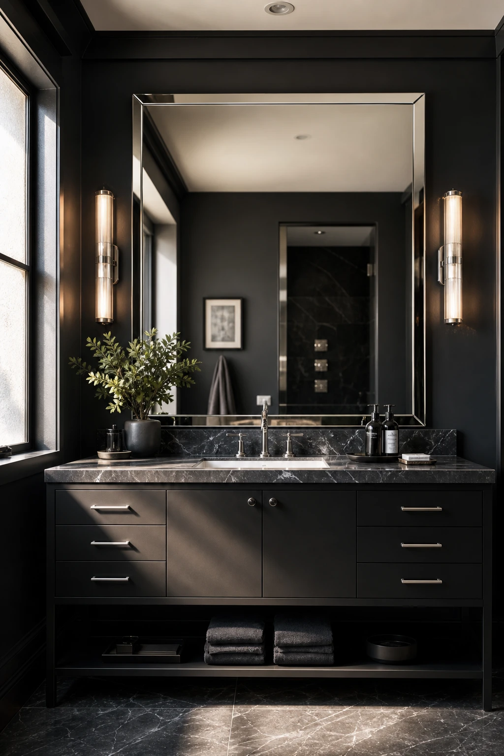 Luxury black bathroom vanity with large statement mirror reflecting light, Farrow and Ball Tar walls, polished chrome fixtures and marble countertop