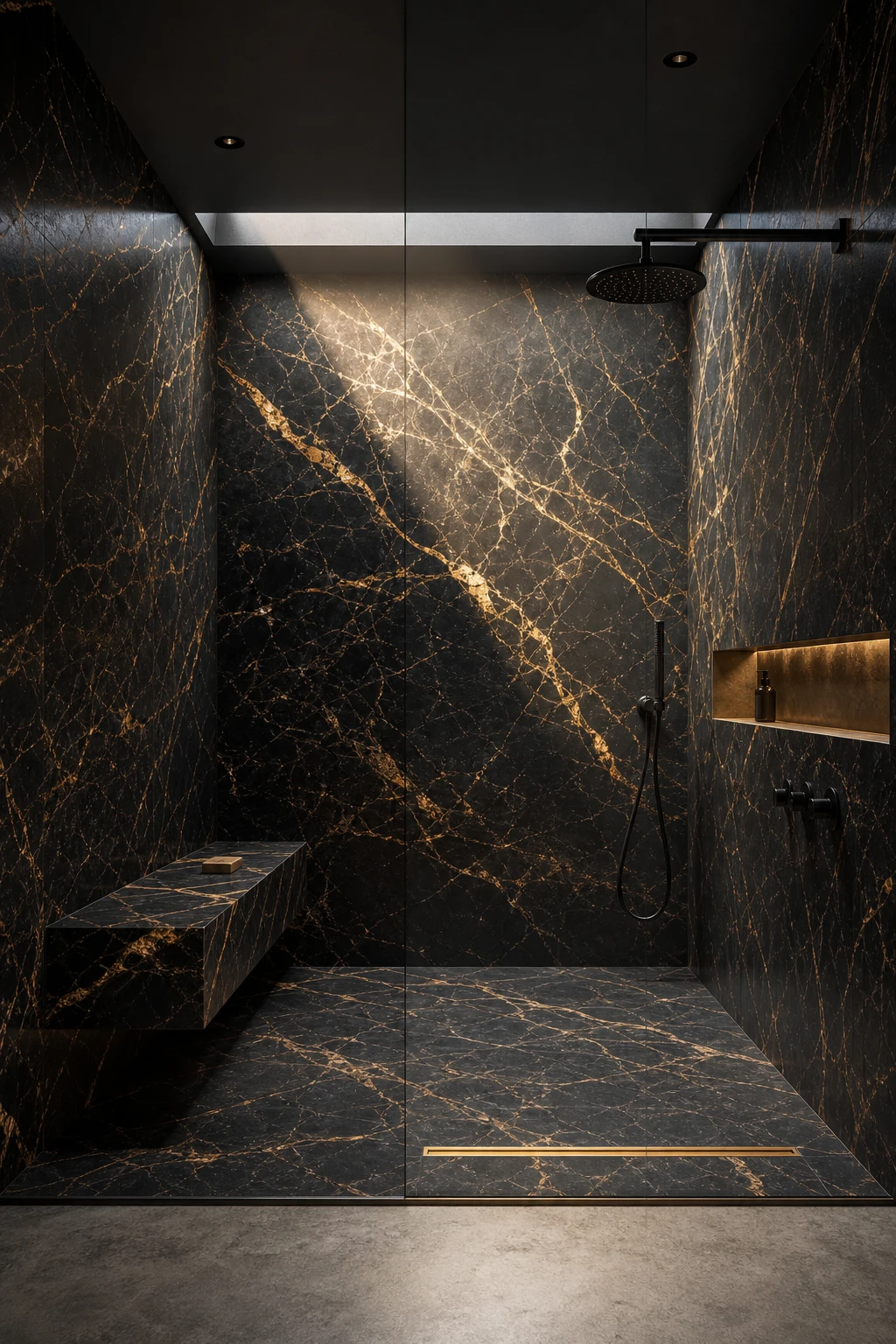Luxury black bathroom walk in shower clad in black and gold marble with Farrow and Ball Bible Black painted walls and soft morning light