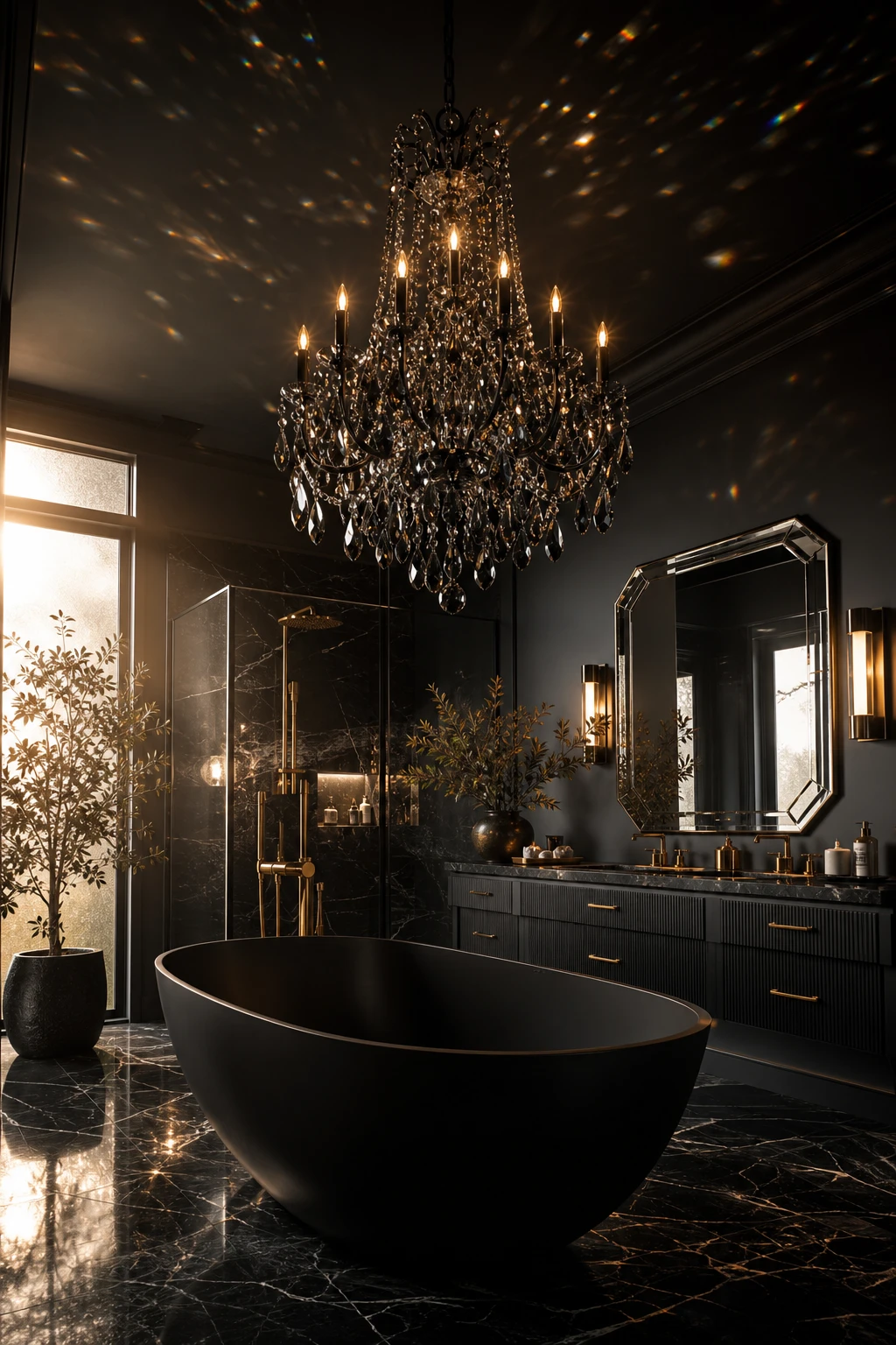 Luxury black bathroom with a dramatic black crystal chandelier centered above a freestanding soaking tub, walls in Farrow & Ball Pitch Black paint