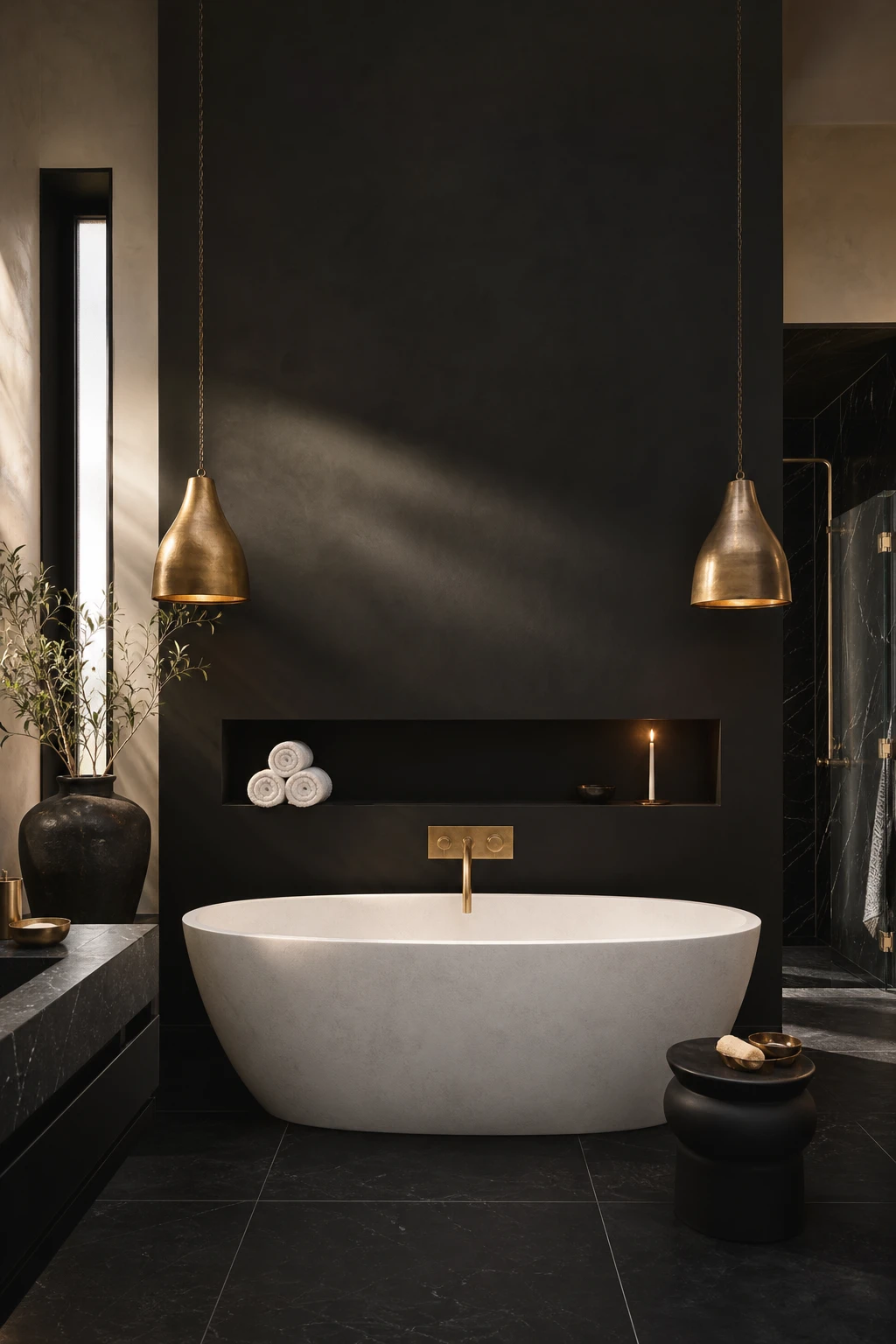 Luxury black bathroom with a dramatic dark accent wall behind a freestanding soaking tub, bold matte surfaces and warm candlelight ambiance