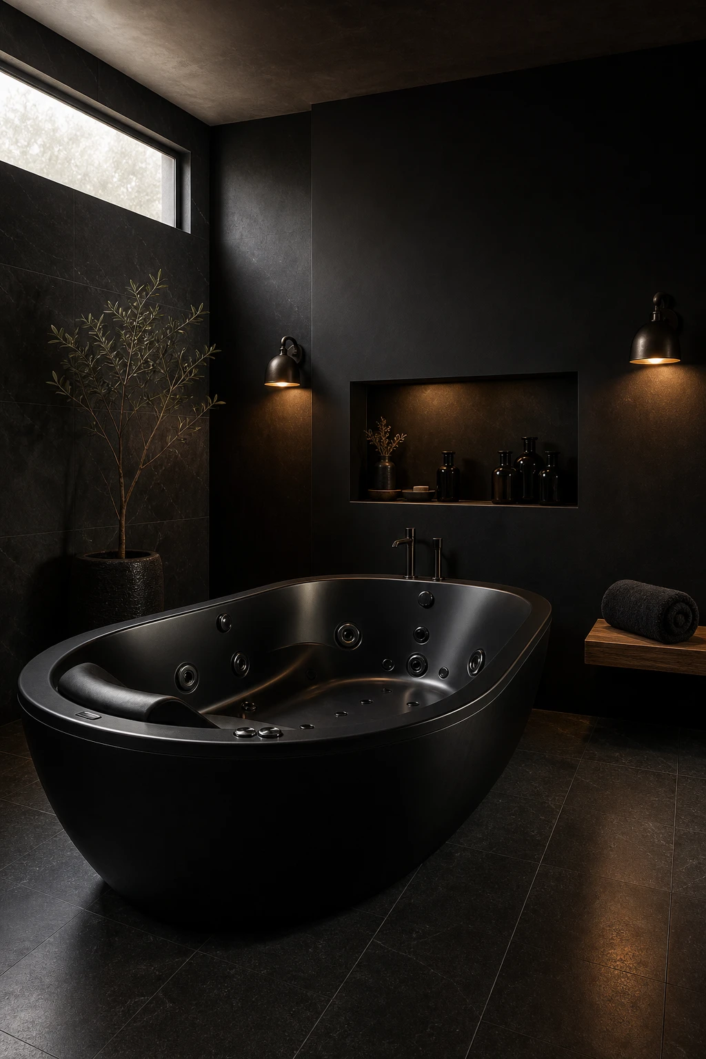 Luxury black bathroom with a freestanding black Jacuzzi as the centerpiece, surrounded by dark stone walls and dim warm lighting for a spa atmosphere