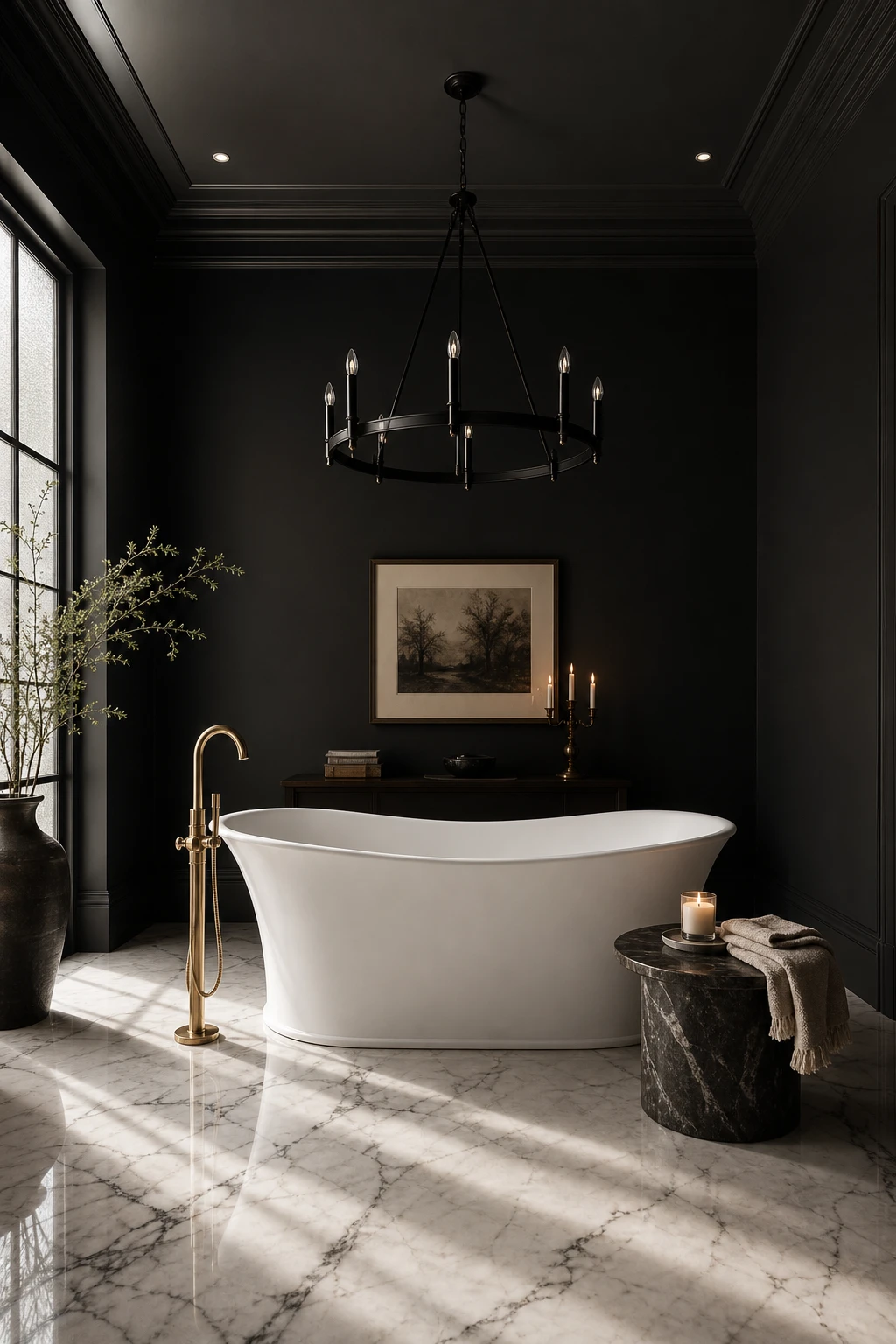 Luxury black bathroom with a sculptural freestanding bathtub centred against a wall painted in Farrow & Ball Off Black, with brass fixtures and marble flooring