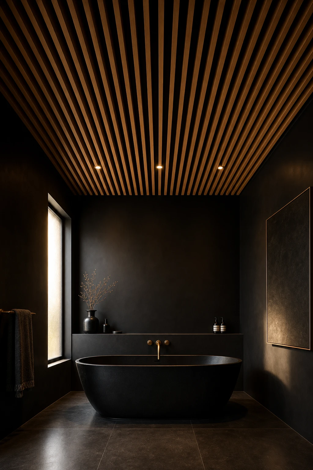 Luxury black bathroom with a wood slat ceiling as the hero feature, dark walls, freestanding tub, and warm overhead timber slats creating depth and contrast