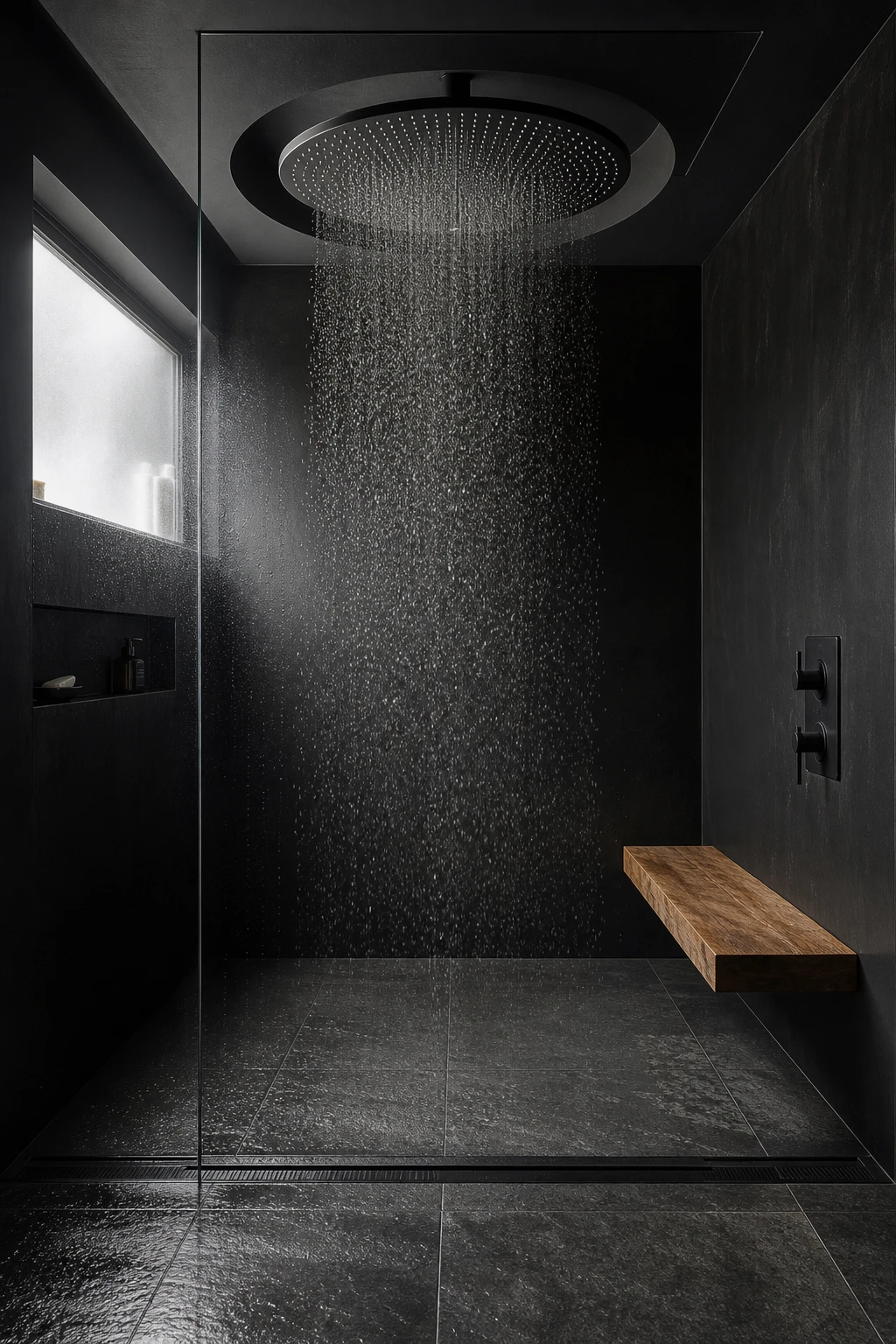 Luxury black bathroom with an oversized rainfall shower head as the hero, matte black fixtures, dark stone walls, and moody Farrow and Ball Bible Black paint