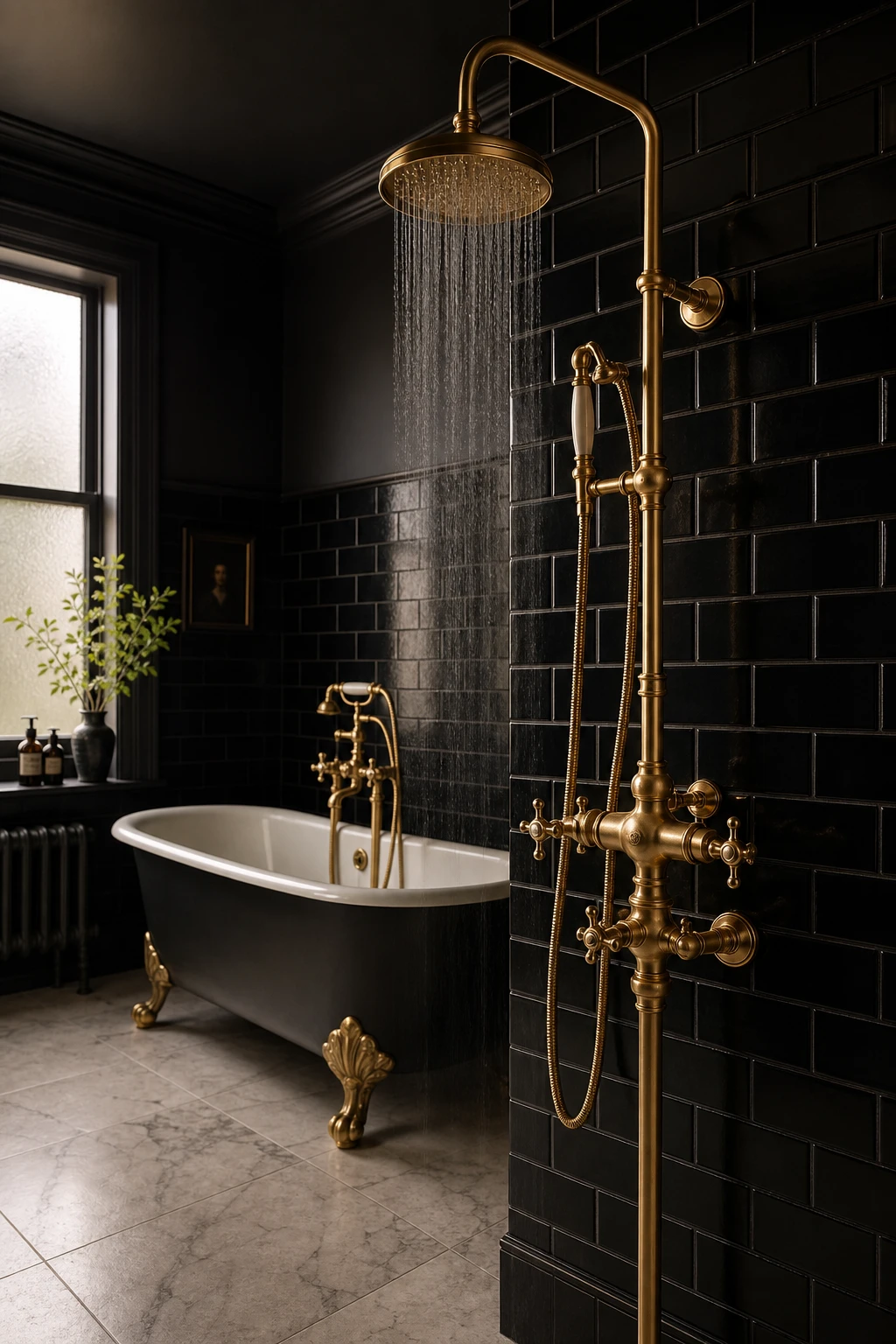 Luxury black bathroom with antique brass shower system as hero, black subway tile walls, stone floor, freestanding tub, Farrow & Ball Grate Black ceiling