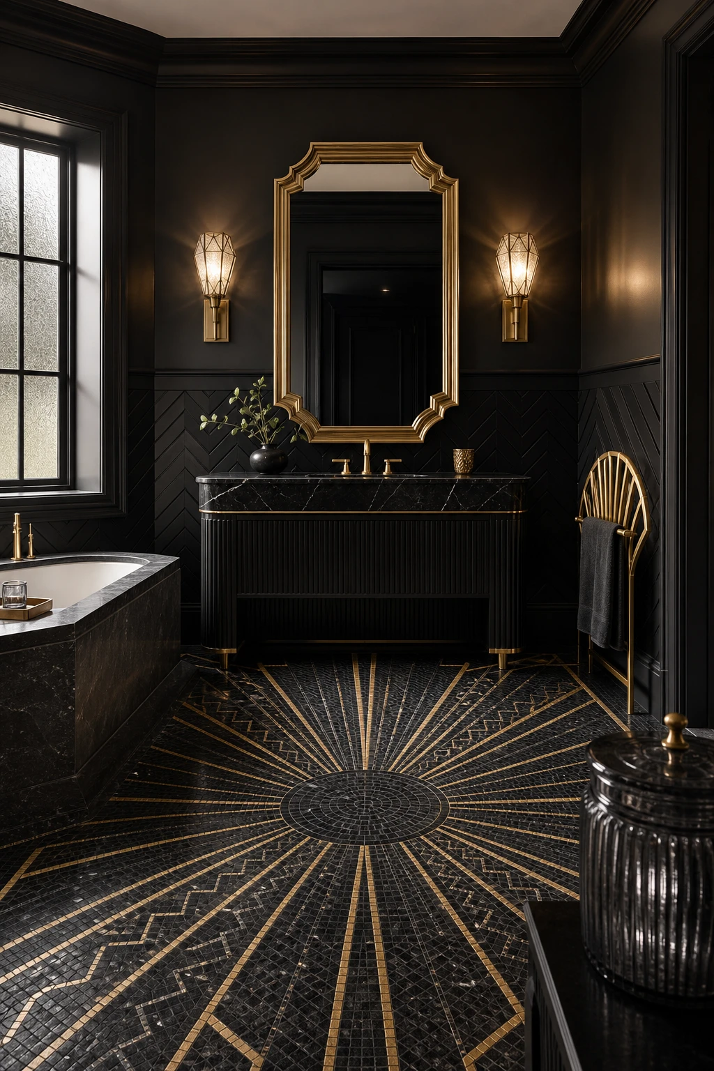 Luxury black bathroom with Art Deco detail as the hero, featuring geometric tile patterns, symmetrical fixtures, stepped mirror frames, and Farrow & Ball Off Black walls