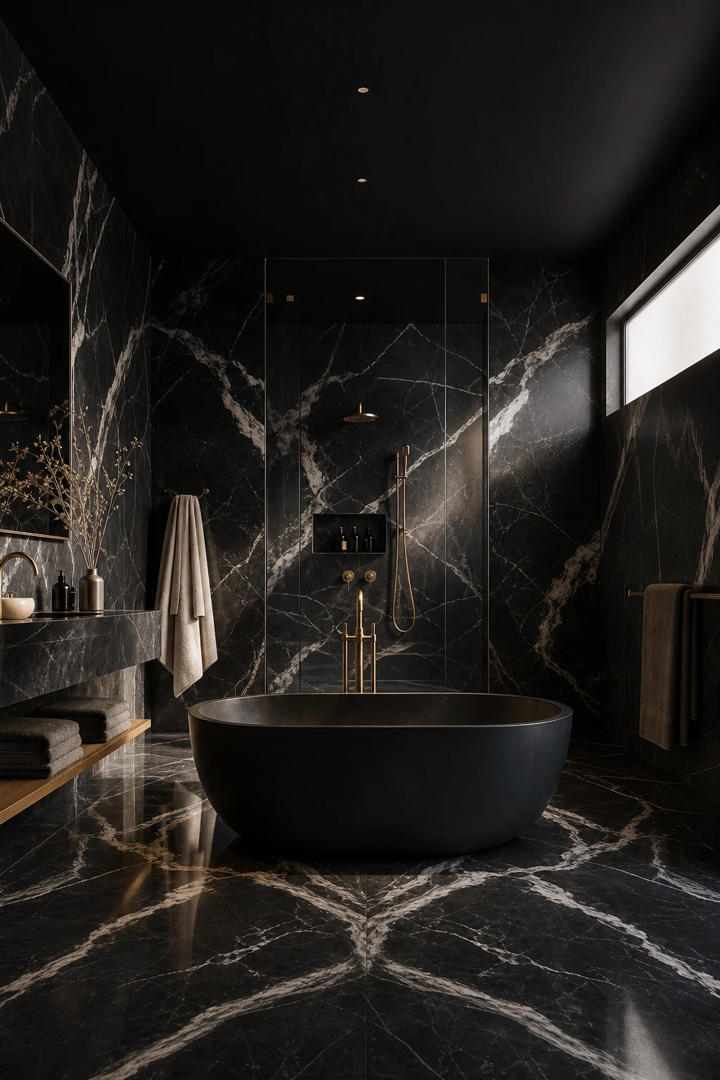 Luxury black bathroom with black marble walls and floor, freestanding soaking tub, brass fixtures, and Farrow & Ball Pitch Black painted ceiling