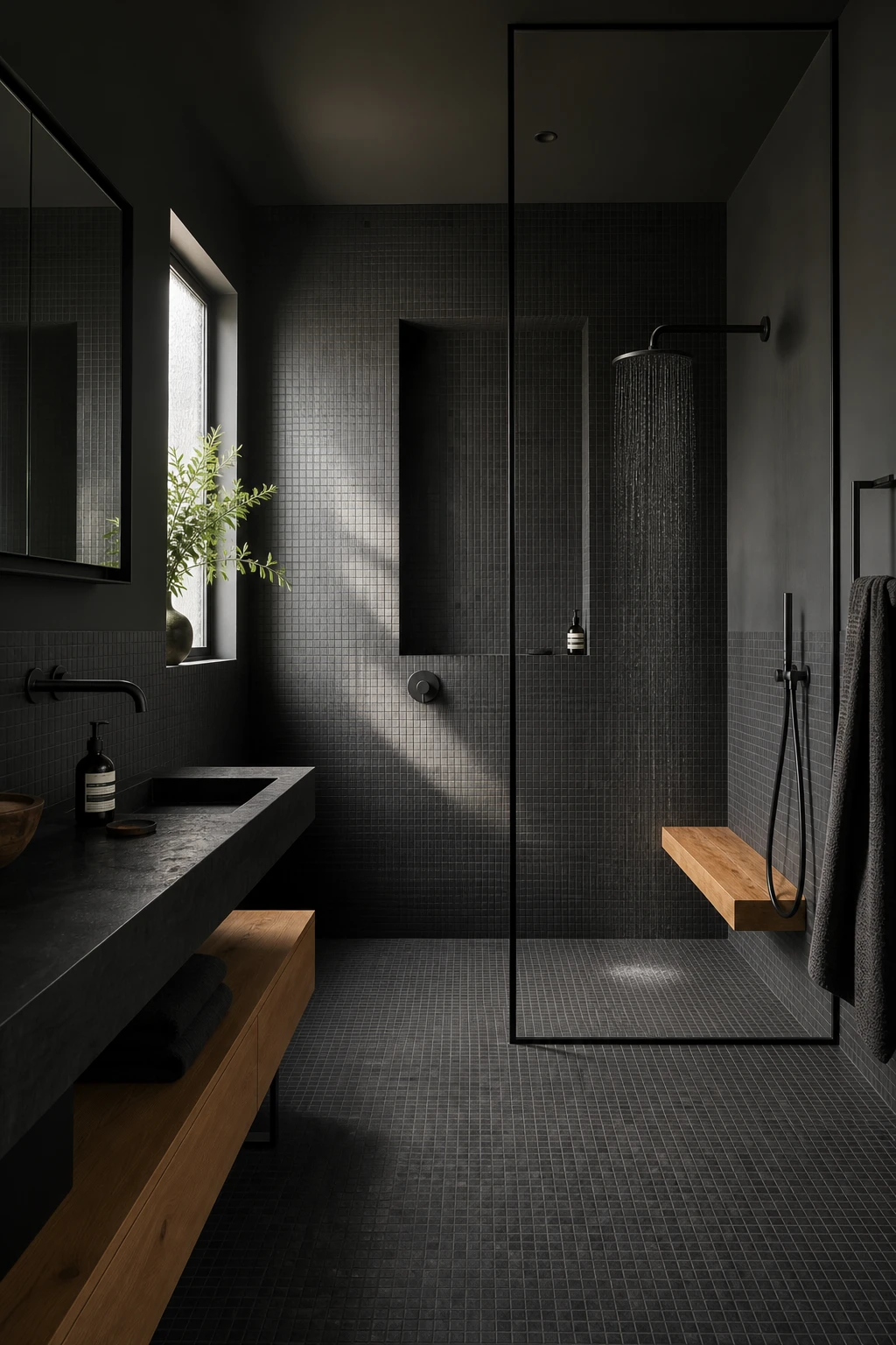 Luxury black bathroom with black mosaic tile as the hero feature covering a shower niche and floor, paired with matte black fixtures and Farrow and Ball Grate Black walls