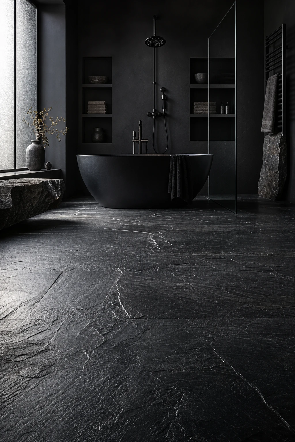 Luxury black bathroom with black slate floor as hero, matte black fittings, freestanding tub, and Farrow and Ball Bible Black walls in dramatic natural light