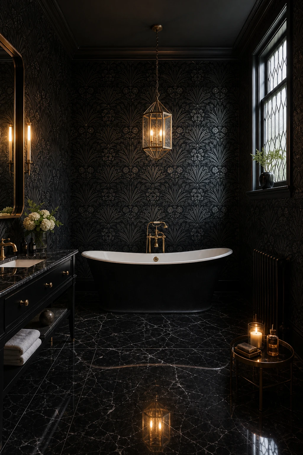 Luxury black bathroom with bold dark wallpaper as hero feature, featuring Farrow and Ball Liquorice painted trim and freestanding tub