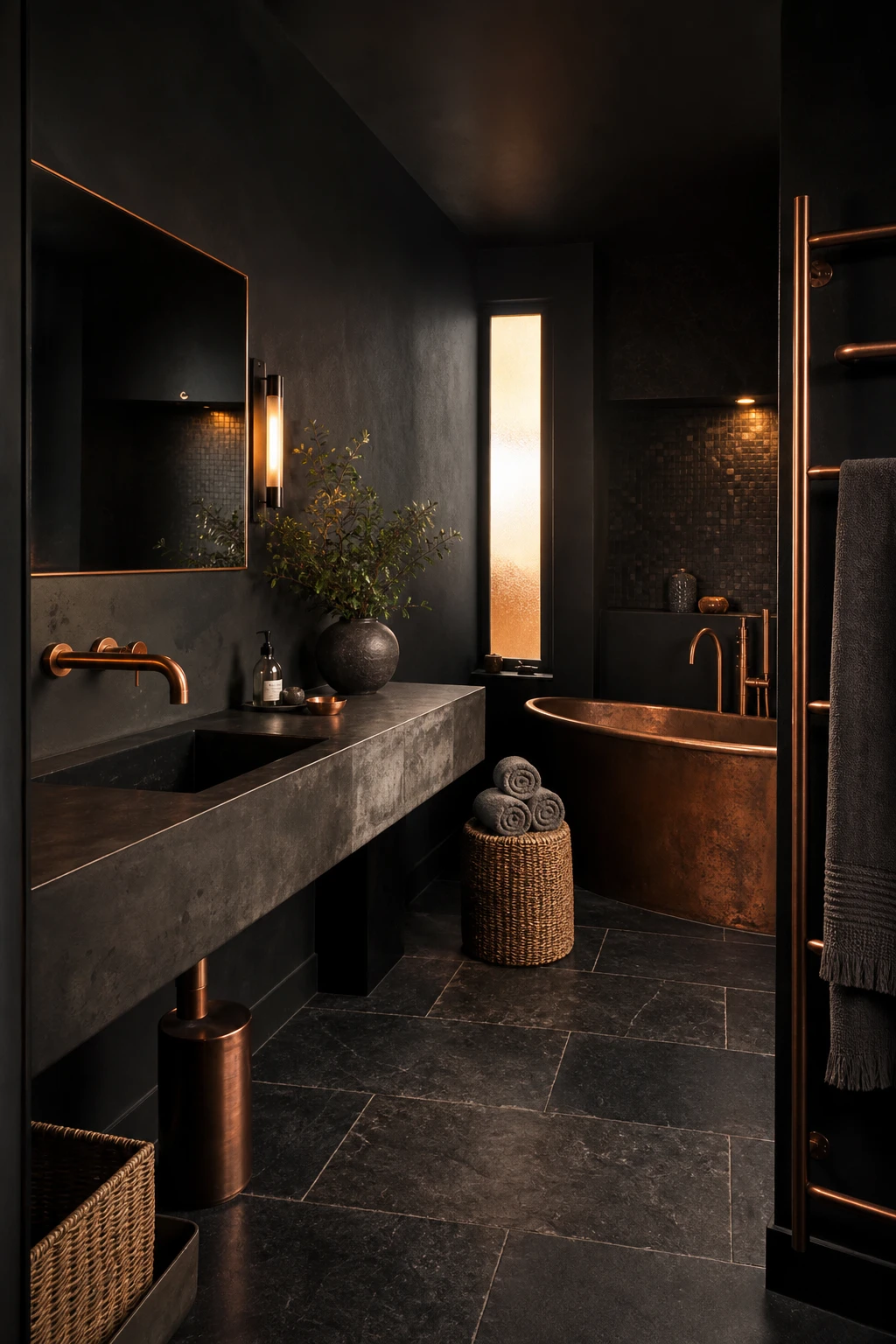 Luxury black bathroom with copper fixtures as hero, matte black walls in Farrow and Ball Grate Black, copper basin taps, freestanding tub and warm evening light