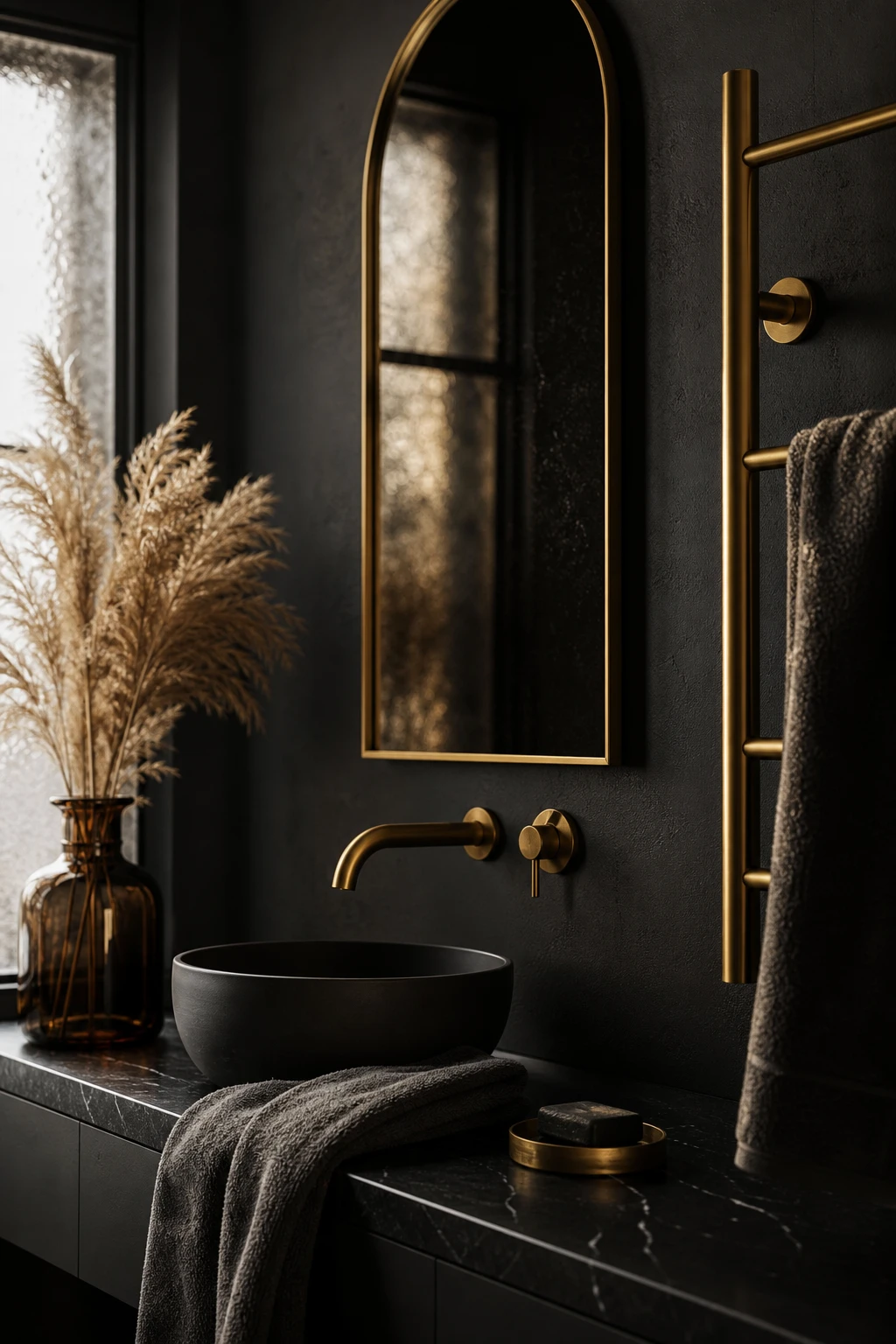 Luxury black bathroom with dark gold accents including brushed gold fixtures, mirror frame, and towel rail against deep black walls painted Farrow & Ball Liquorice