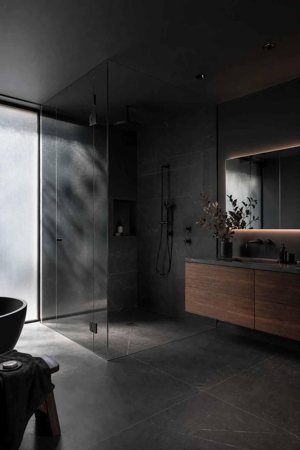 Luxury black bathroom with frameless glass shower enclosure, black stone tile walls, matte black fixtures, and Farrow and Ball Liquorice painted ceiling