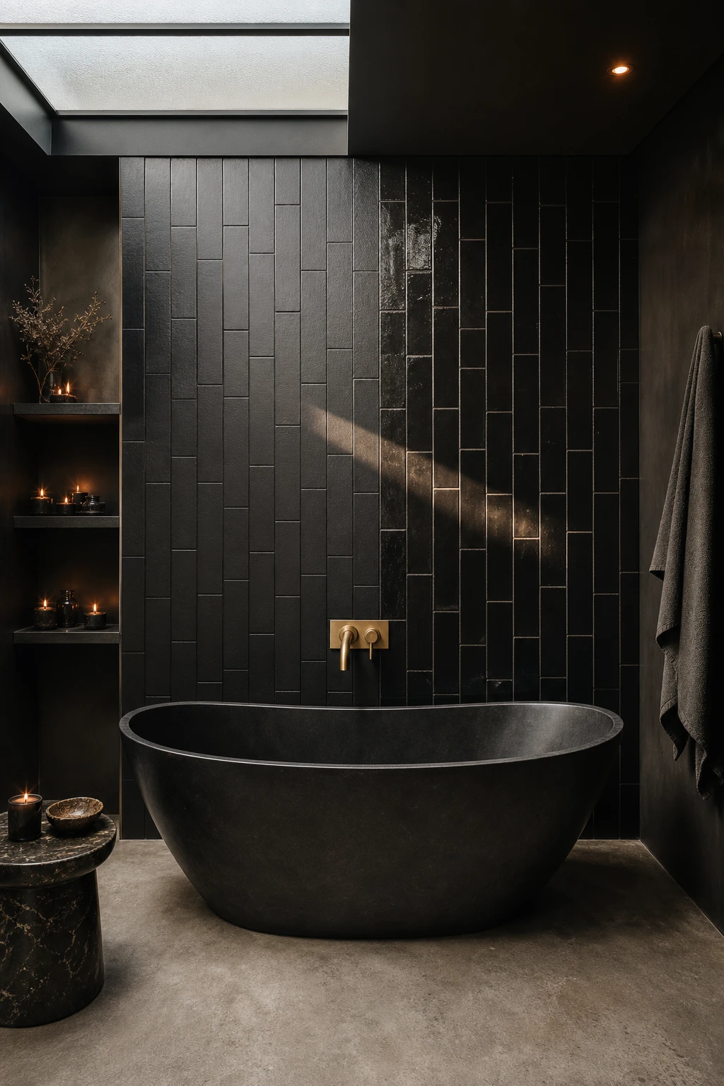 Luxury black bathroom with matte black wall tiles as hero feature, layered with gloss subway tiles, brushed brass fittings, and Farrow Ball Tar painted ceiling
