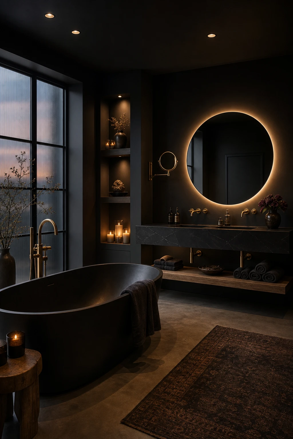 Luxury black bathroom with moody layered lighting including backlit mirror, recessed ceiling fixtures, and candlelit shelf niches painted in Farrow & Ball Paean Black
