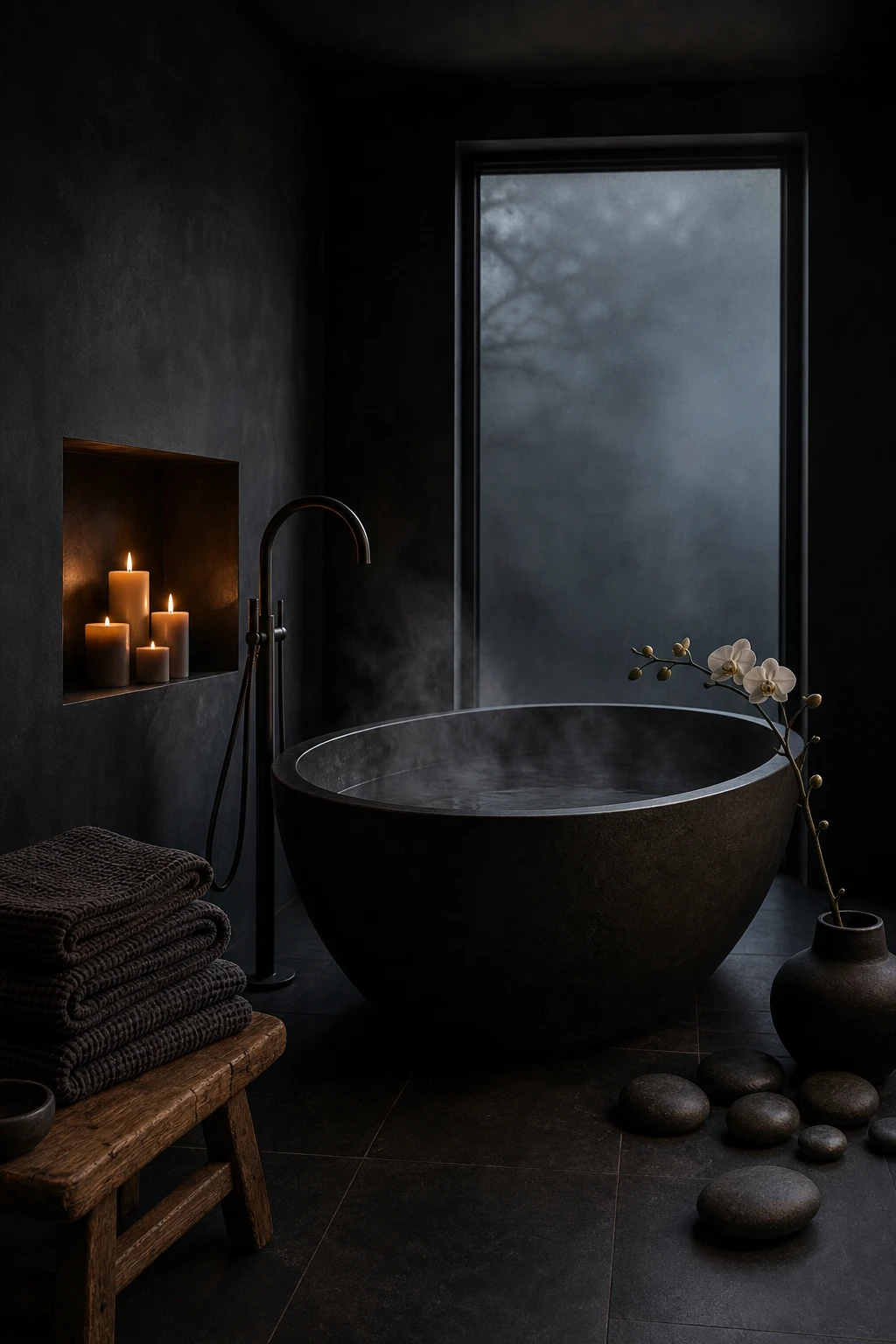 Luxury black bathroom with spa atmosphere, deep soaking tub, soft candlelight, layered textures and Farrow and Ball Tar painted walls