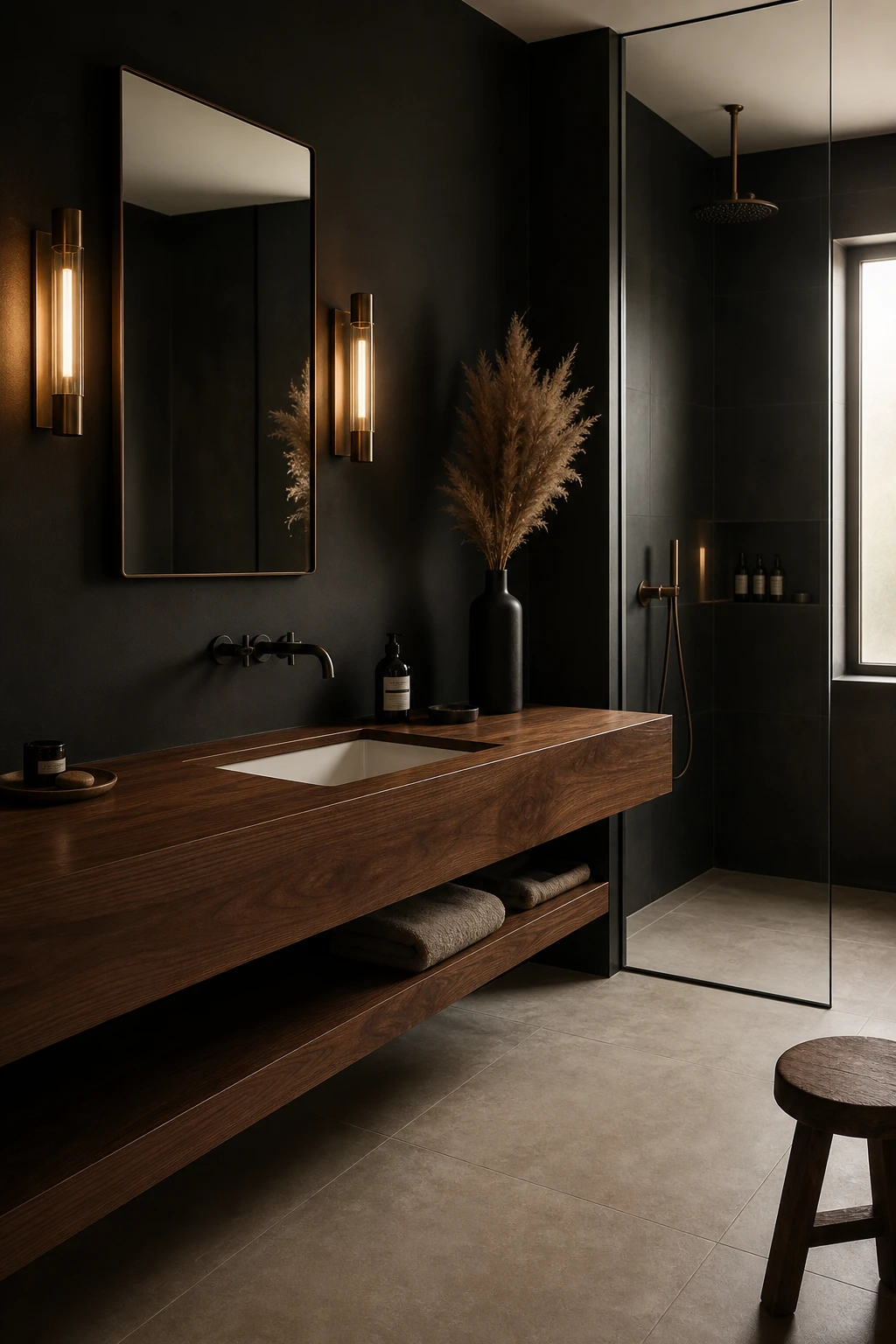 Luxury black bathroom with warm wood vanity and matte black fixtures, Farrow and Ball Liquorice walls, natural light from a side window