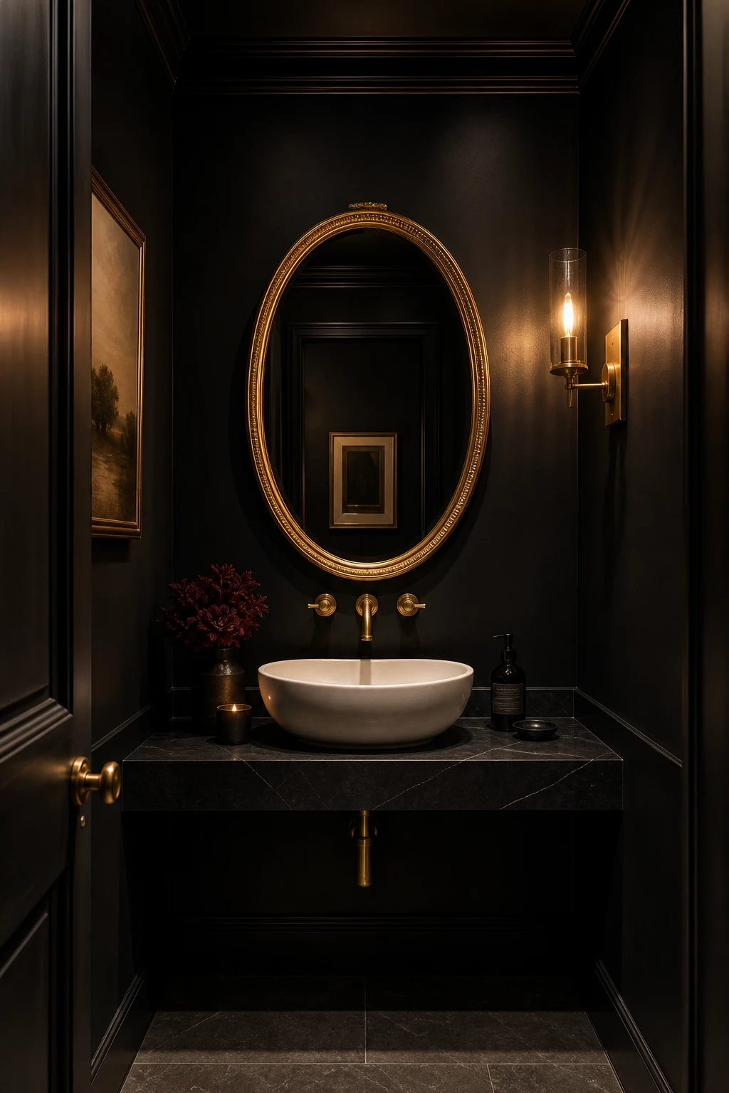 Luxury black powder room with Farrow and Ball Bible Black walls, matte black fixtures, a sculptural vessel sink, dramatic veined marble, and a gilded mirror