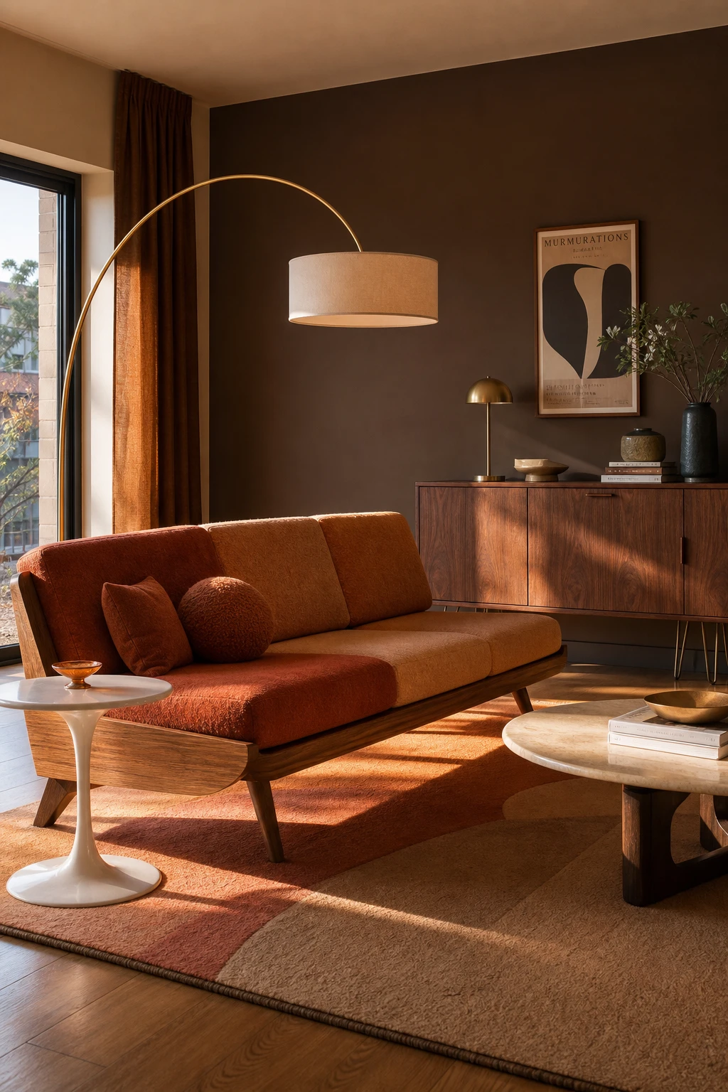 Mid century brown and orange living room with tapered leg sofa, tulip side table, arc floor lamp, walnut credenza and Farrow and Ball Tanners Brown accent wall