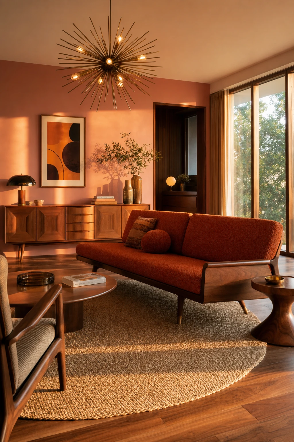 Mid century modern brown and orange living room with walnut furniture, sculptural sofa, and Farrow and Ball Folly Pink walls in warm afternoon light