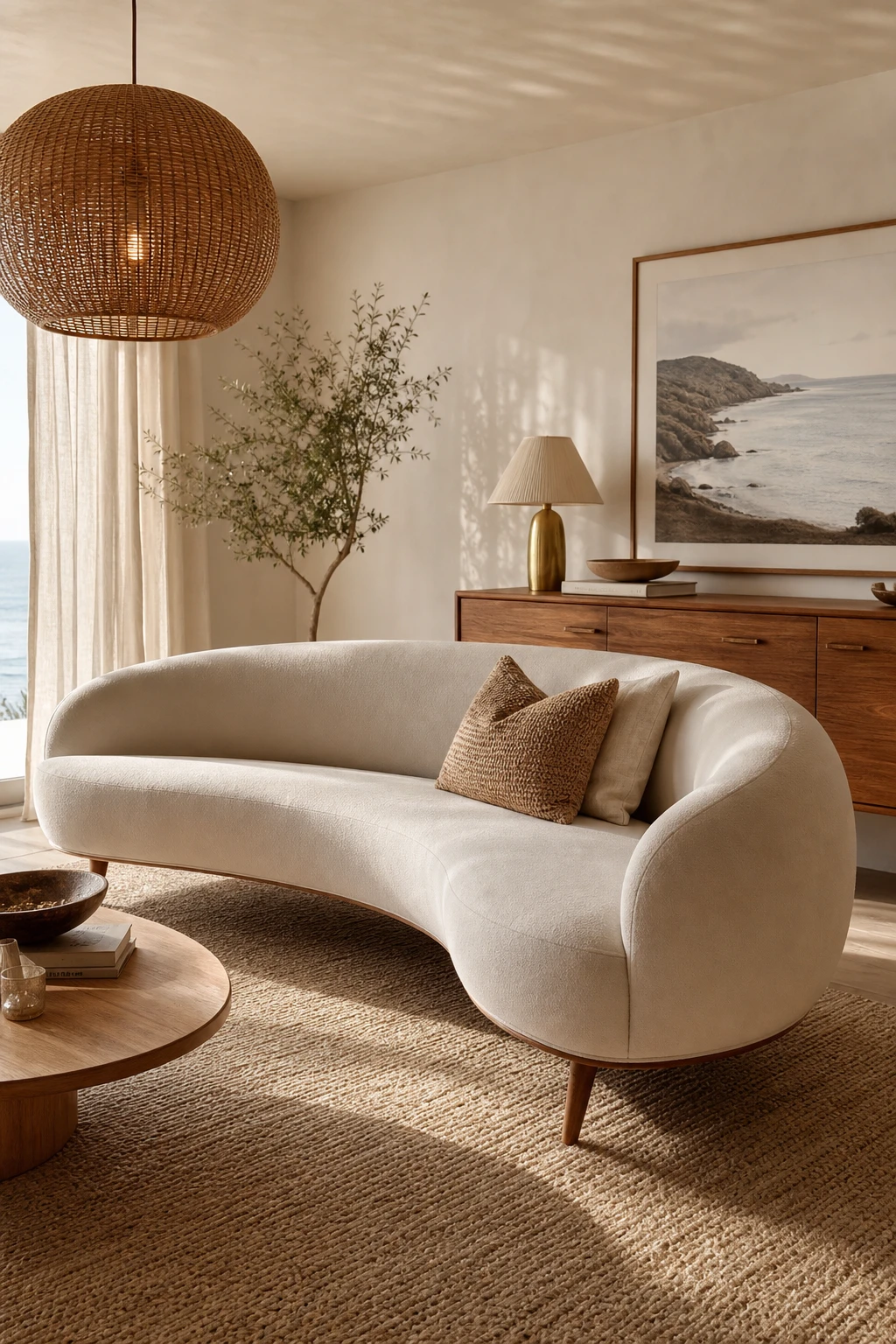 Mid century modern California Coastal living room with organic curved sofa, tapered leg furniture, rattan accents and Farrow & Ball Cornforth White walls in soft afternoon light