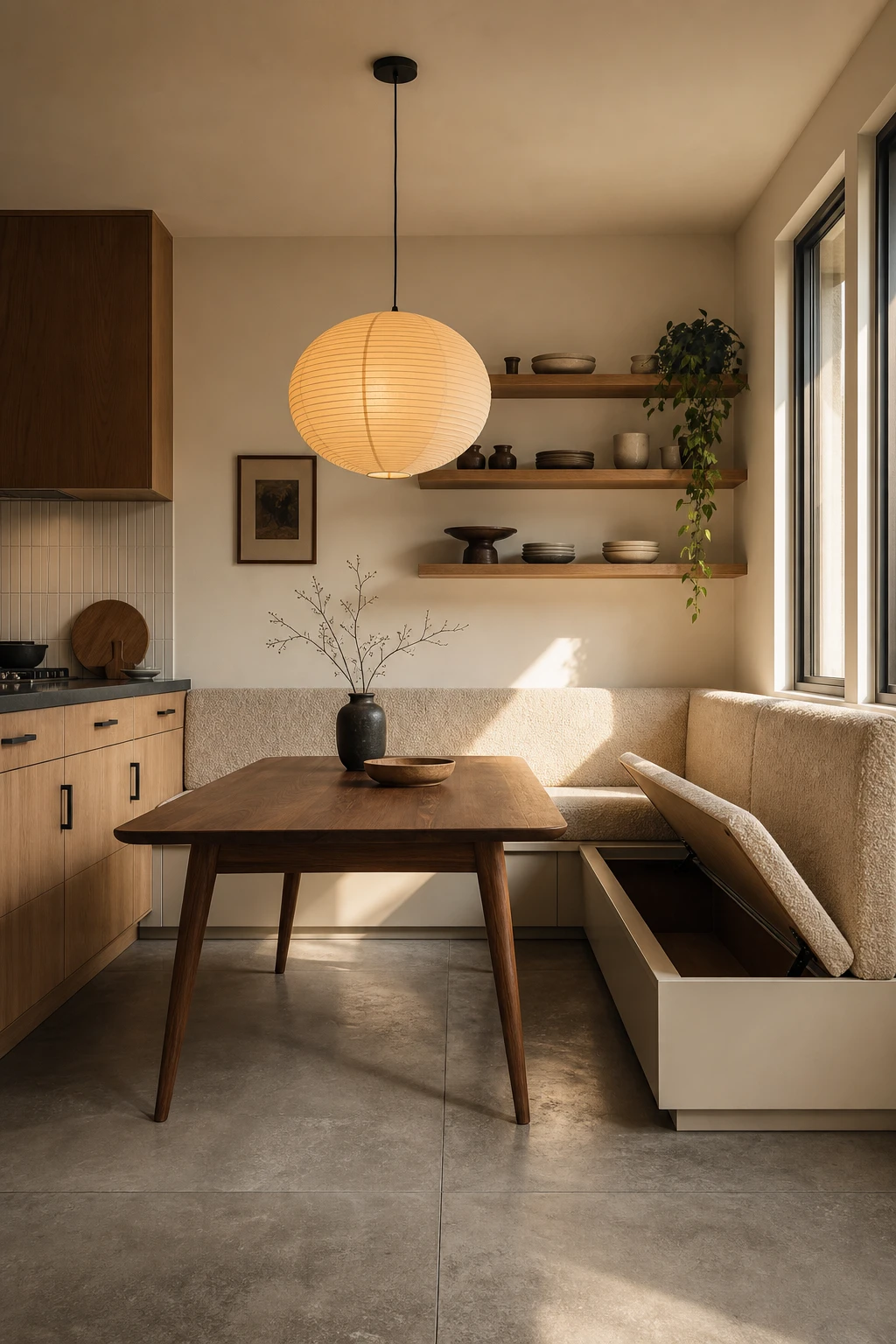 Mid Century Modern Japandi kitchen corner with built in banquette bench, warm wood table, cushioned seat, and Farrow and Ball Joas White walls in soft natural light