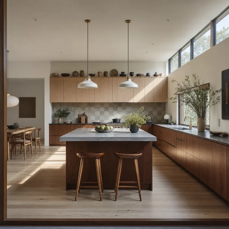 Mid century modern Japandi kitchen with walnut lower cabinets, white oak uppers, a concrete island, checker tile backsplash, and clerestory windows casting soft morning light across pale oak floors.